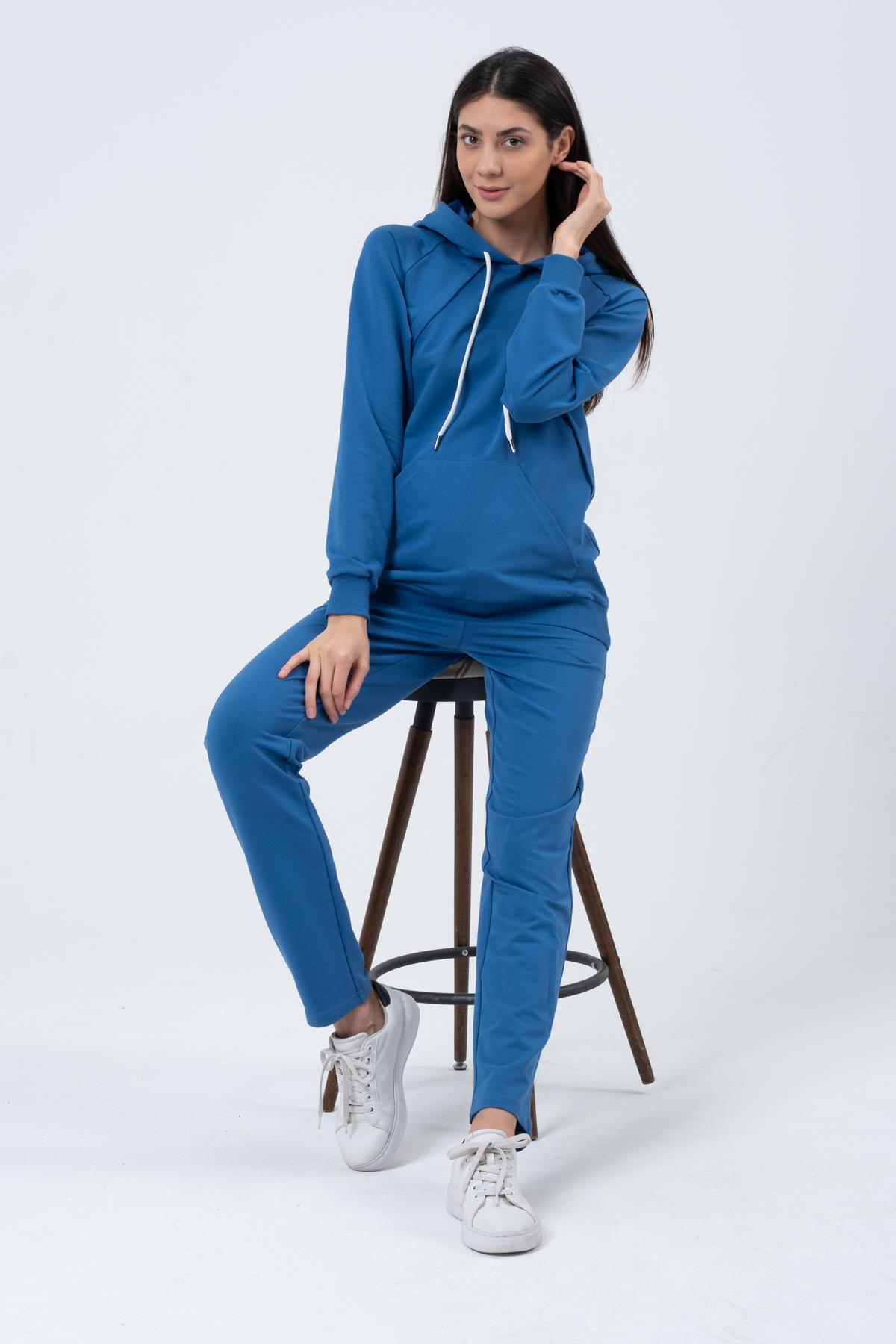 Busa Hamile Emzirme Detaylı Esnek Karın Bantlı Beli Ayarlı İki İplik Eşofman Takım İndigo