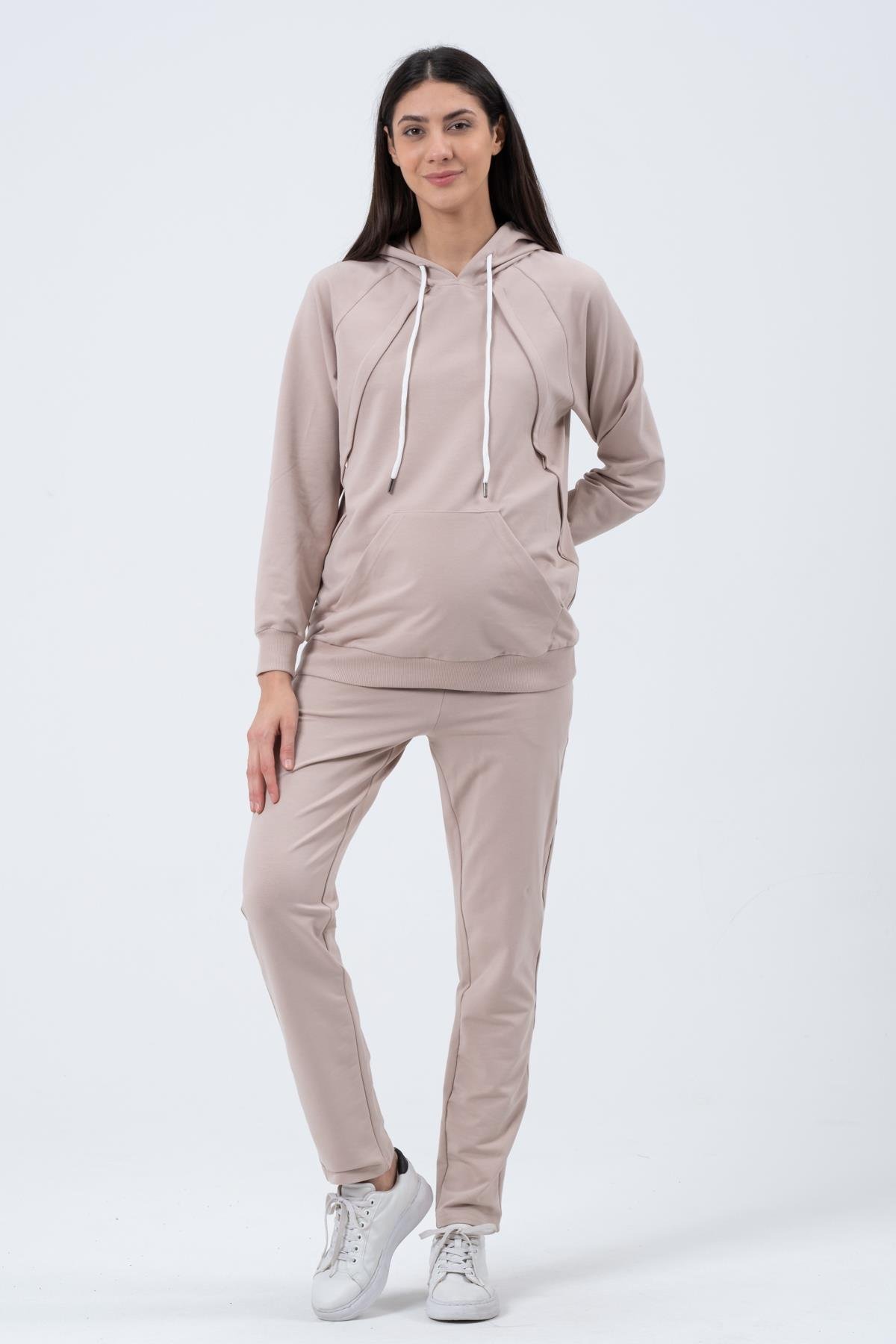 Busa Hamile Emzirme Detaylı Esnek Karın Bantlı Beli Ayarlı İki İplik Eşofman Takım Bej