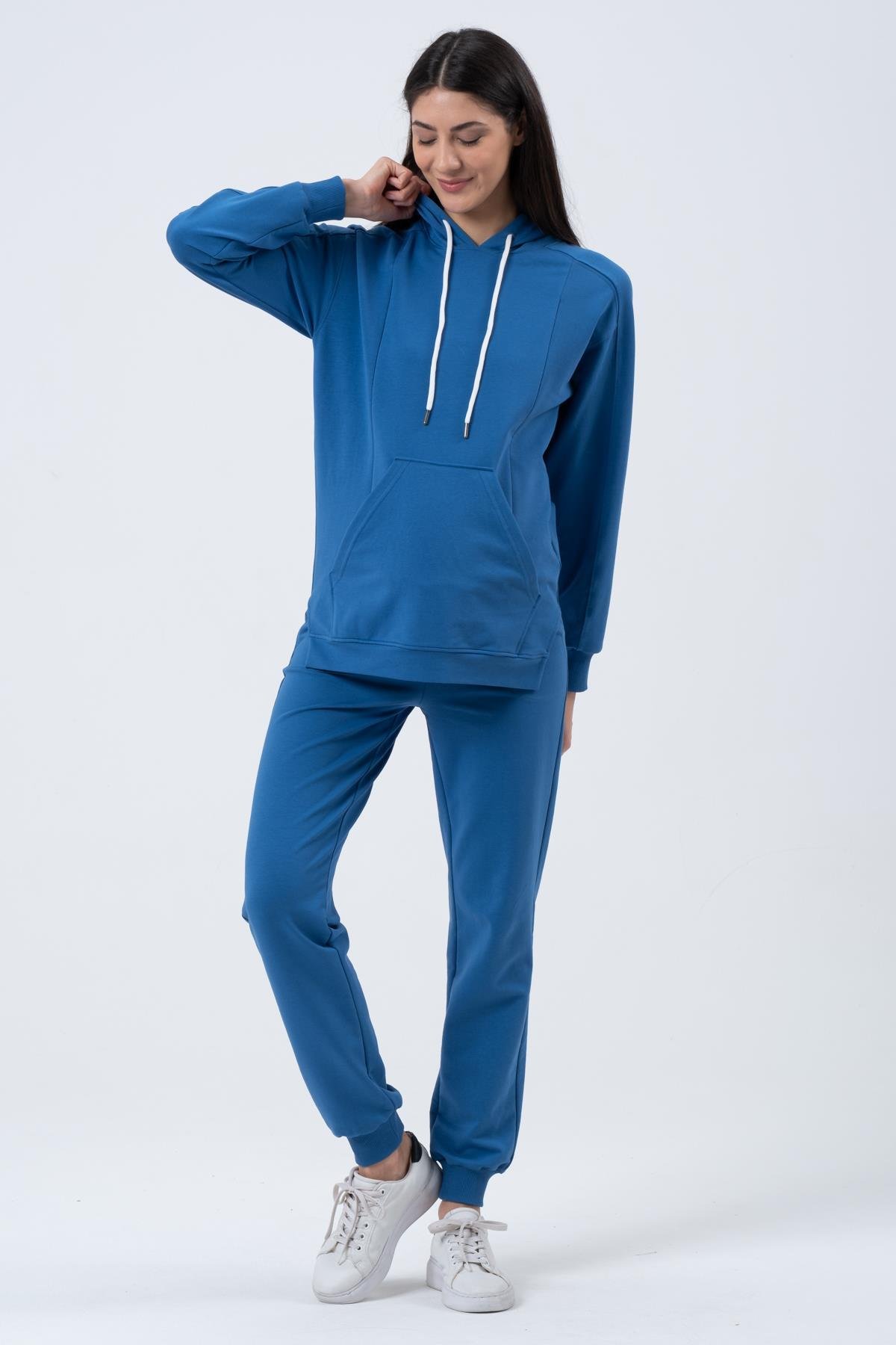 Busa Hamile Emzirme Detaylı İki İplik Esnek Karın Bantlı Eşofman Takım İndigo