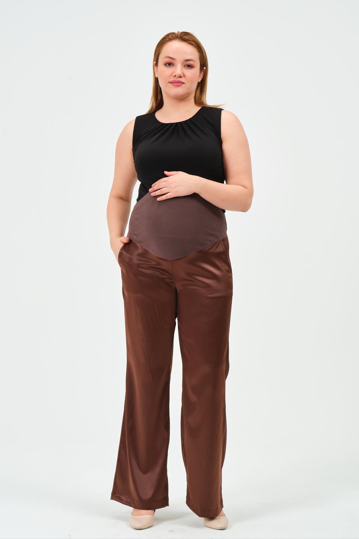 Busa Hamile Esnek Karın Bantlı Bel Ayarlı Saten Bol Paça Pantolon Kahverengi