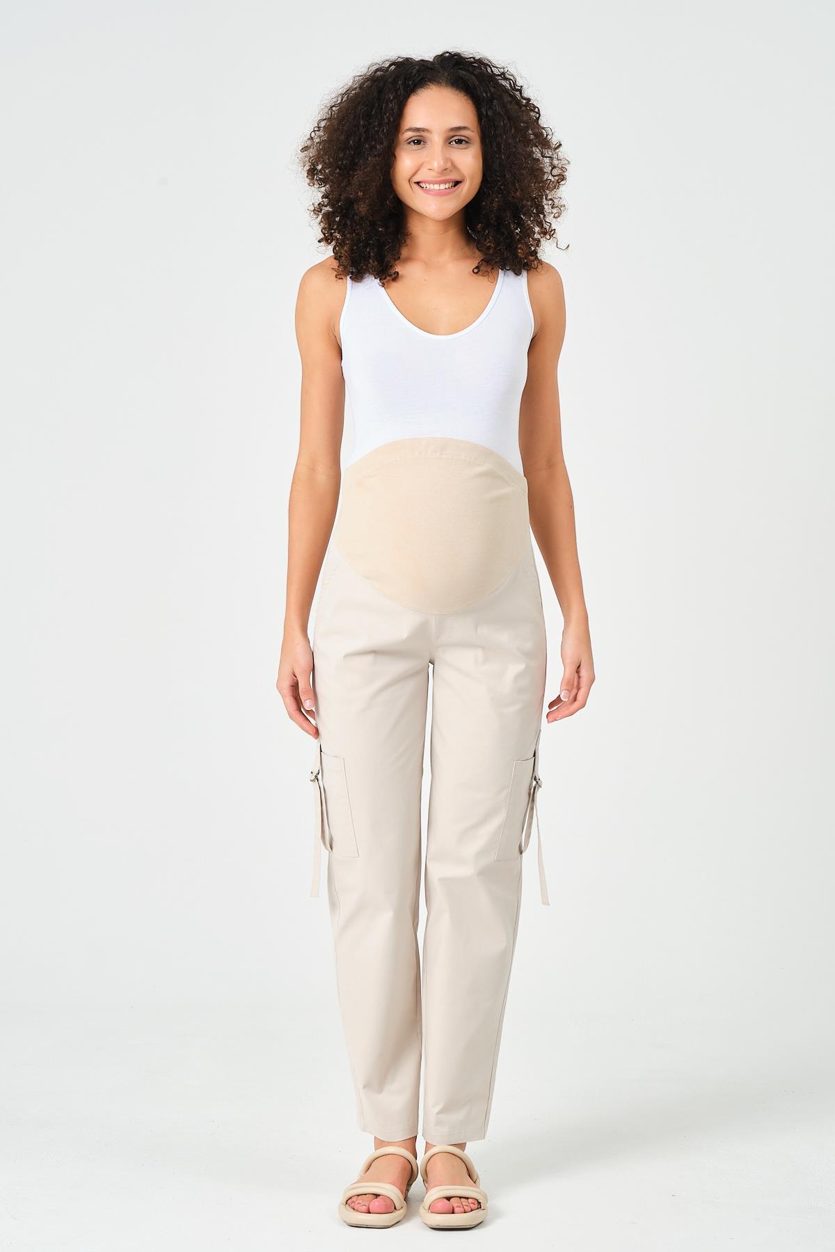 Busa Hamile Esnek Karın Bantlı Beli Ayarlı Yandan Cepli Pamuklu Mom Fit Gabardin Pantolon Bej