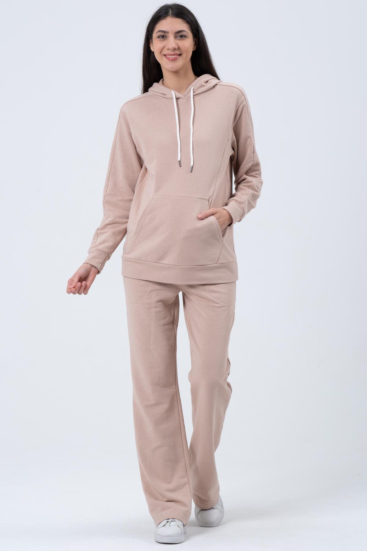 Busa Hamile Esnek Karın Bantlı Beli Ayarlı Bol Paça Emzirme Detaylı Üç İplik Eşofman Takım Bej