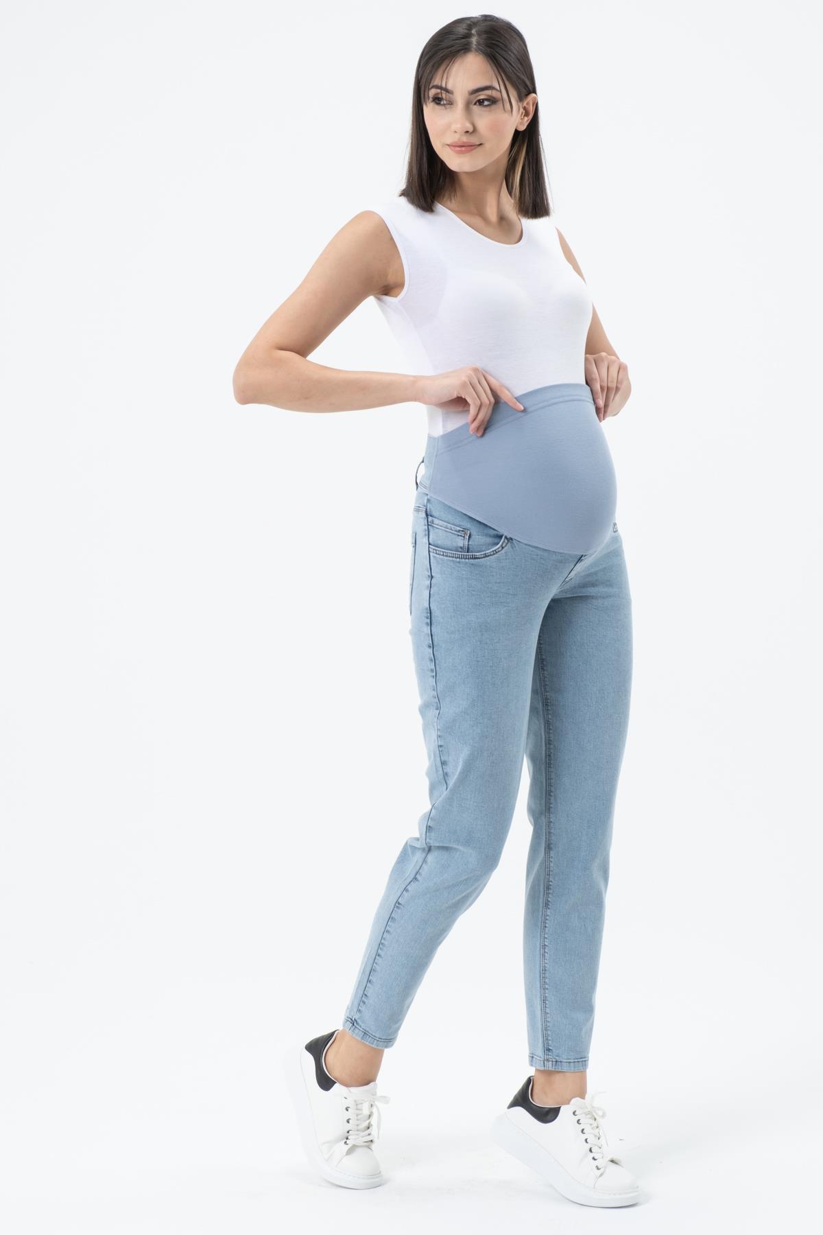 Busa Hamile Esnek Karın Bantlı Mom Fit Kot Pantolon Taş Mavi