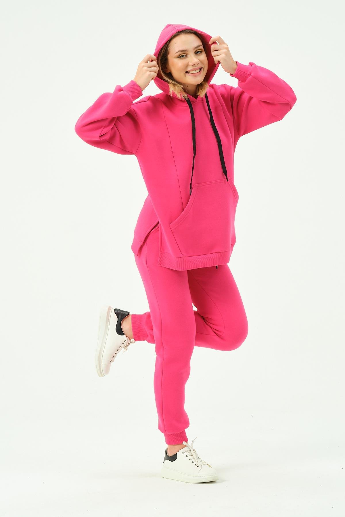 Busa Hamile Termal Emzirme Detaylı Kapüşonlu Eşofman Takımı Pembe