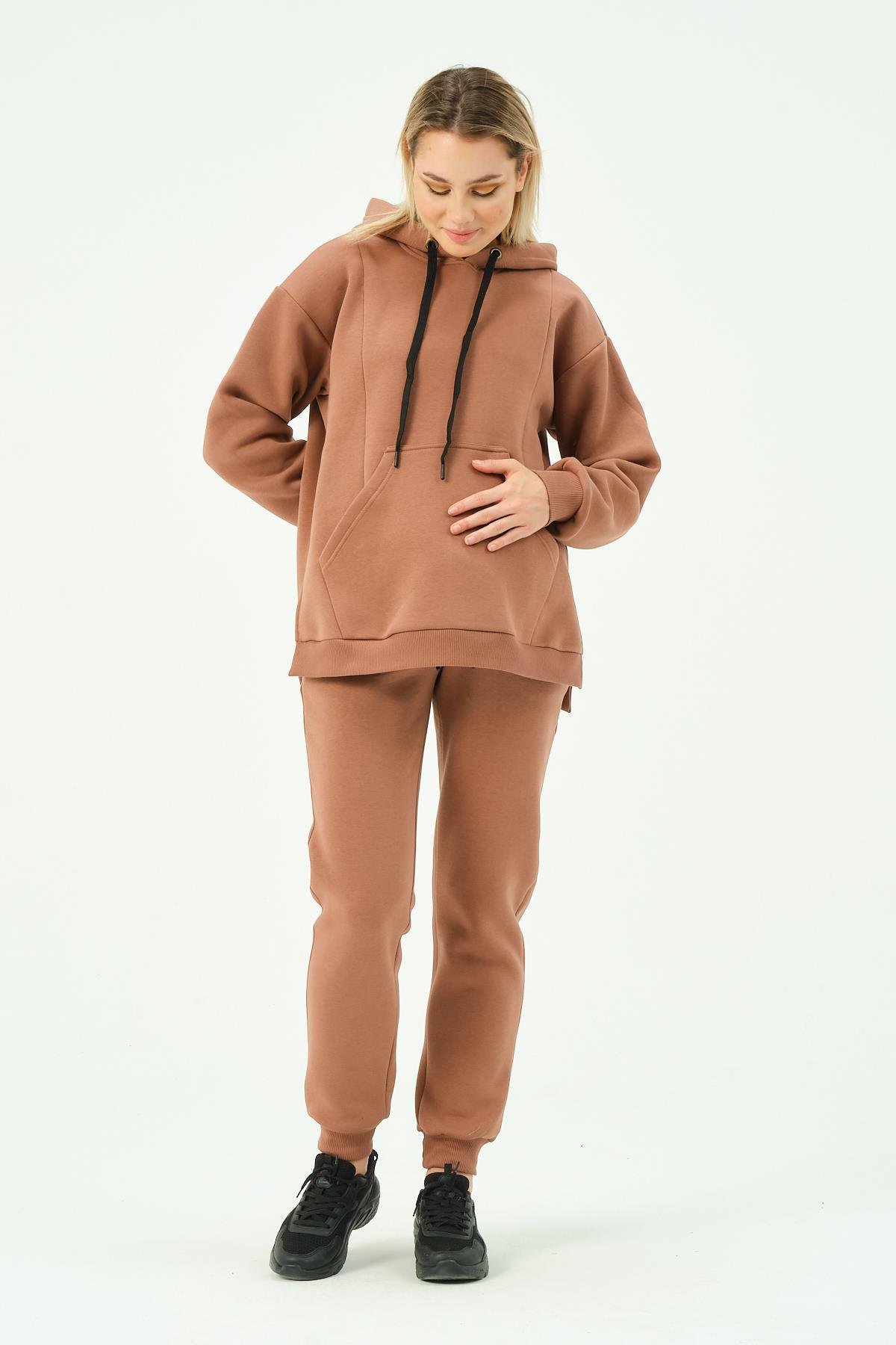 Busa Hamile Termal Emzirme Detaylı Kapüşonlu Eşofman Takımı Kahverengi