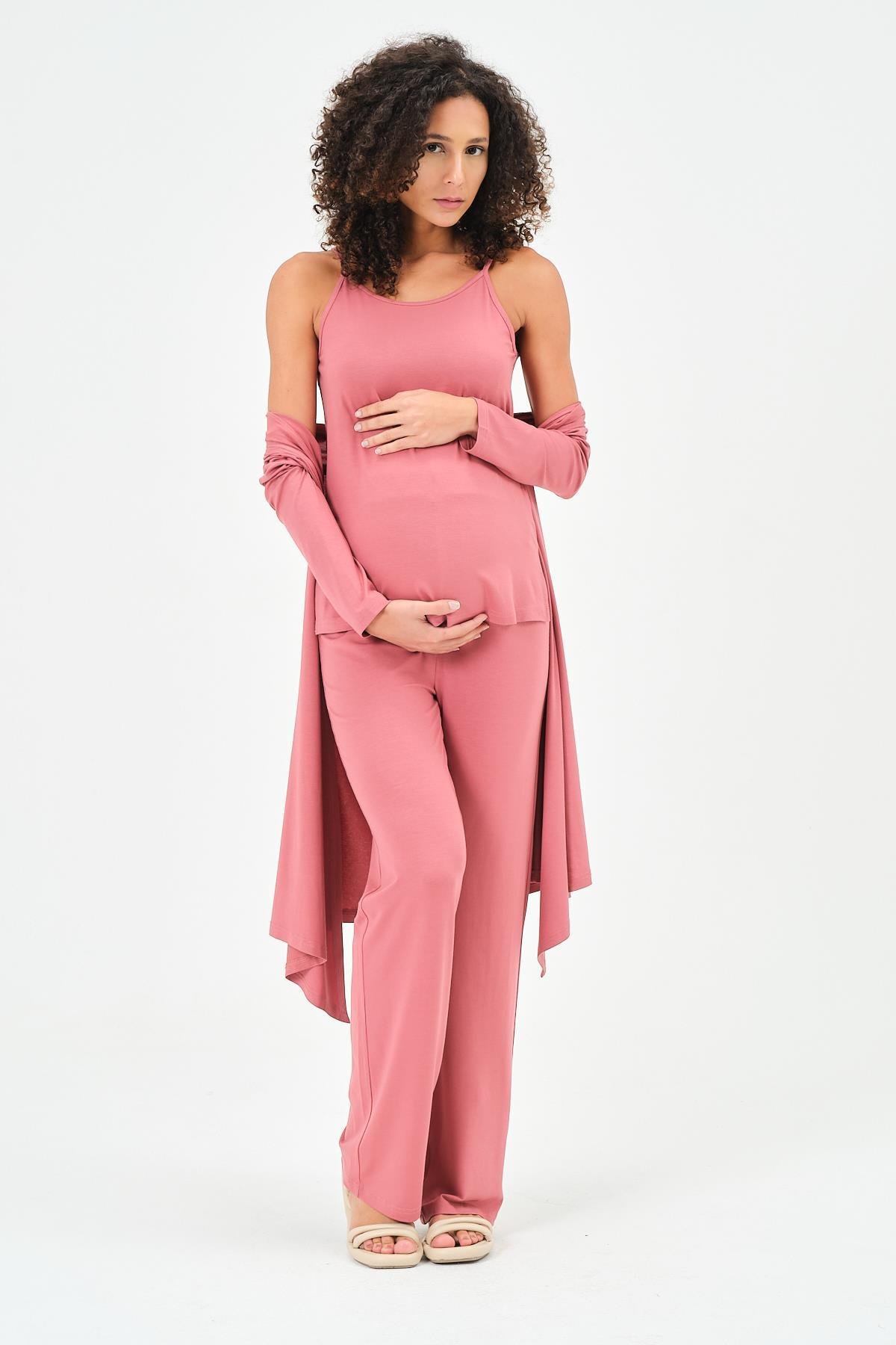 Busa Hamile Üçlü Penye Set ( Askılı T-Shırt - Hırka - Bol Paça Alt) Gül Kurusu