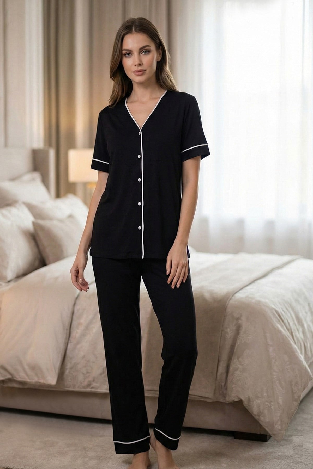 Effortt 3072 Siyah Biye Detaylı Düğmeli Lohusa Pijama Takımı