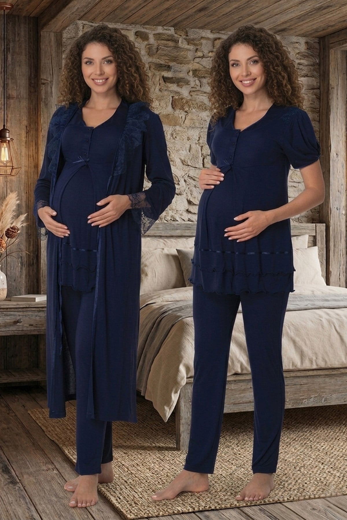 Lacivert Dantel Sabahlıklı Lohusa Pijama Takımı 18024