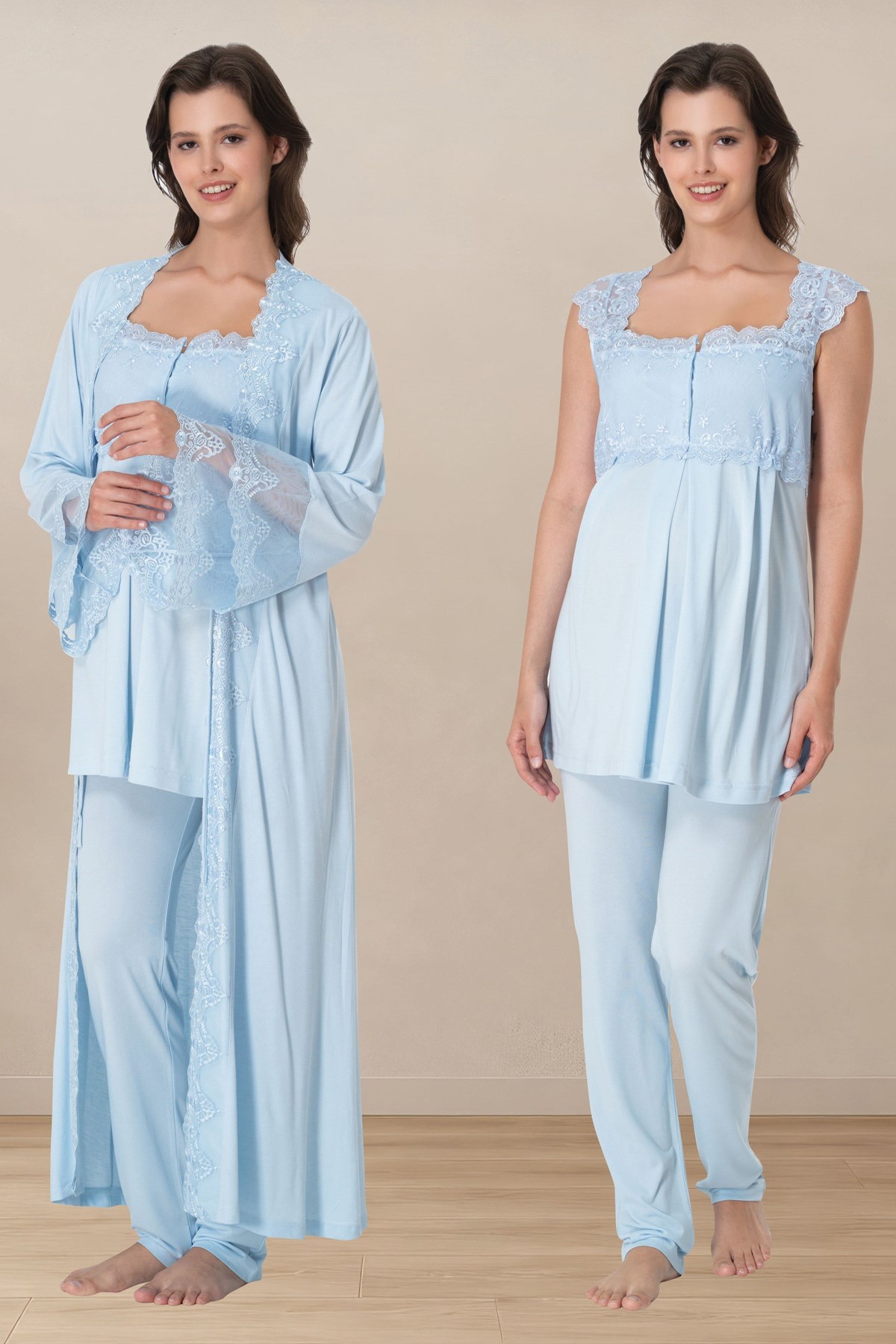 Effortt 4064 Mavi Prenses Dantelli Sabahlıklı Lohusa Pijama Takımı