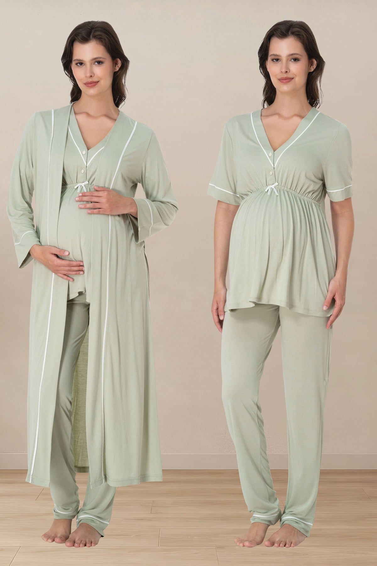 Effortt 5094 Yeşil Biye Detaylı Emzirme Özellikli Sabahlıklı Lohusa Pijama Takımı