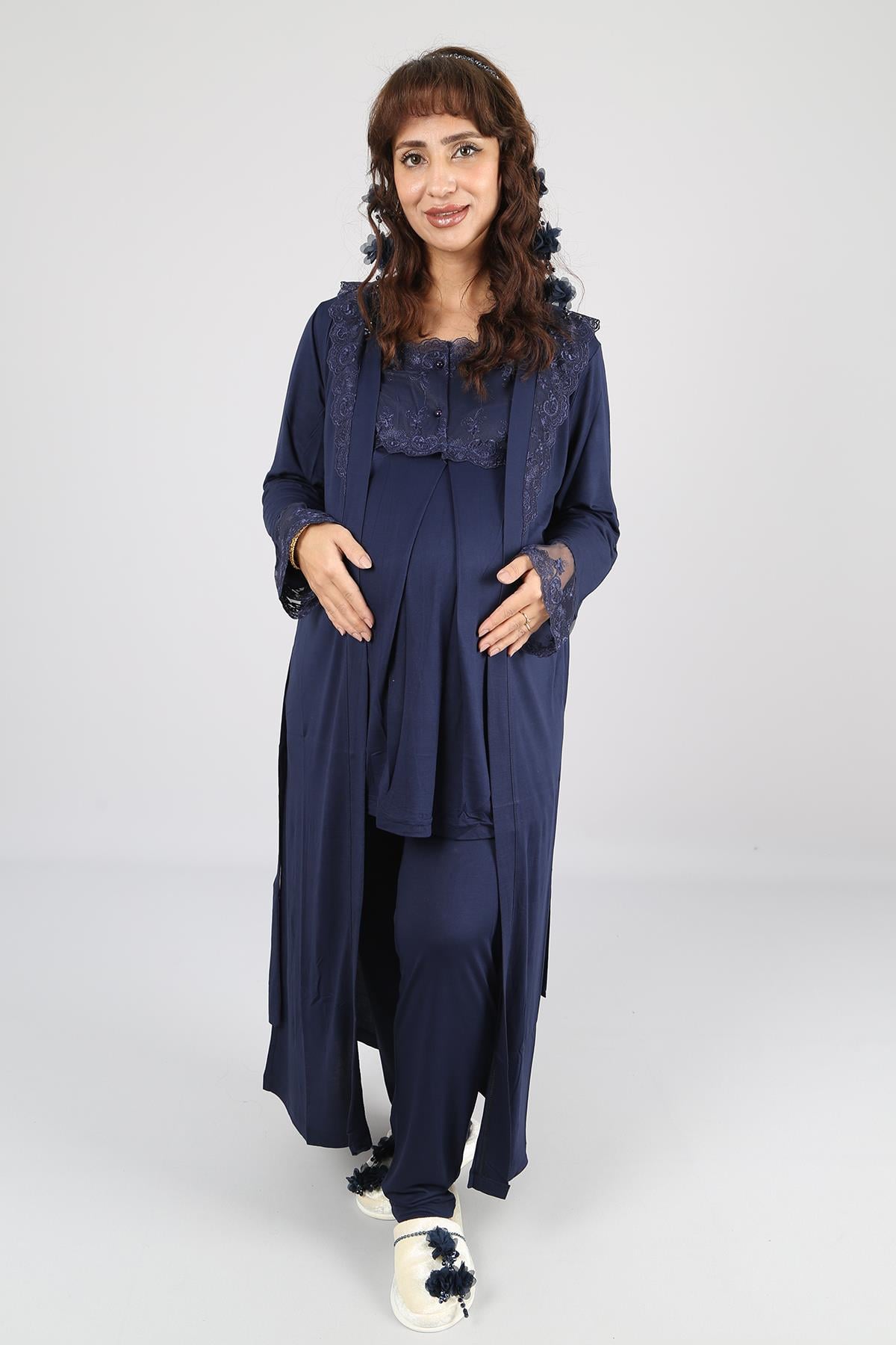 Lacivert Dantel Sabahlıklı Uzun Kol Hamile Lohusa Pijama Takımı 2601