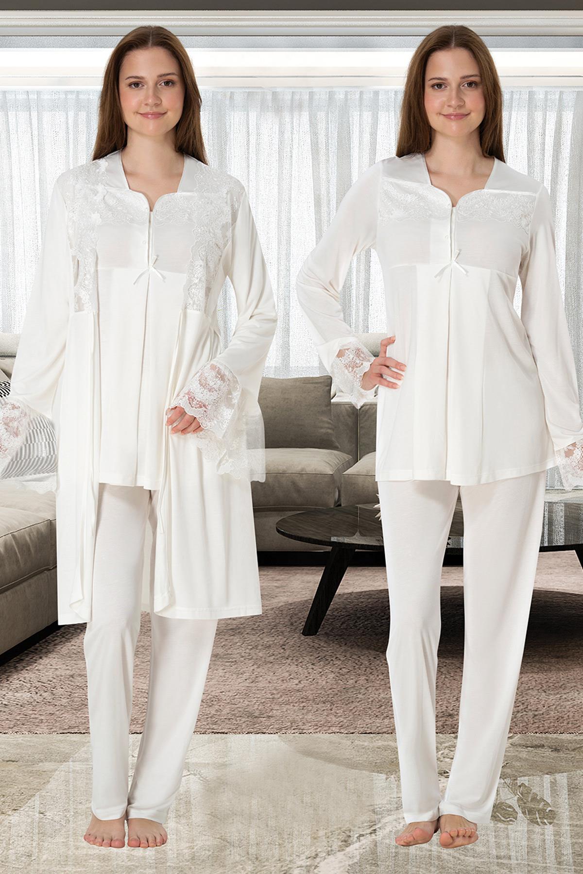 Effortt 4084 Ekru Dantelli Sabahlıklı Lohusa Pijama Takımı