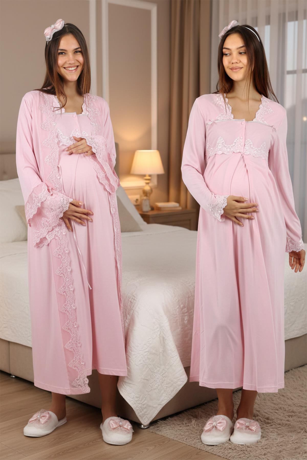 Lohusahamile 70150 Powder Pink Princess Dressing Gown Maternity Nightgown Set