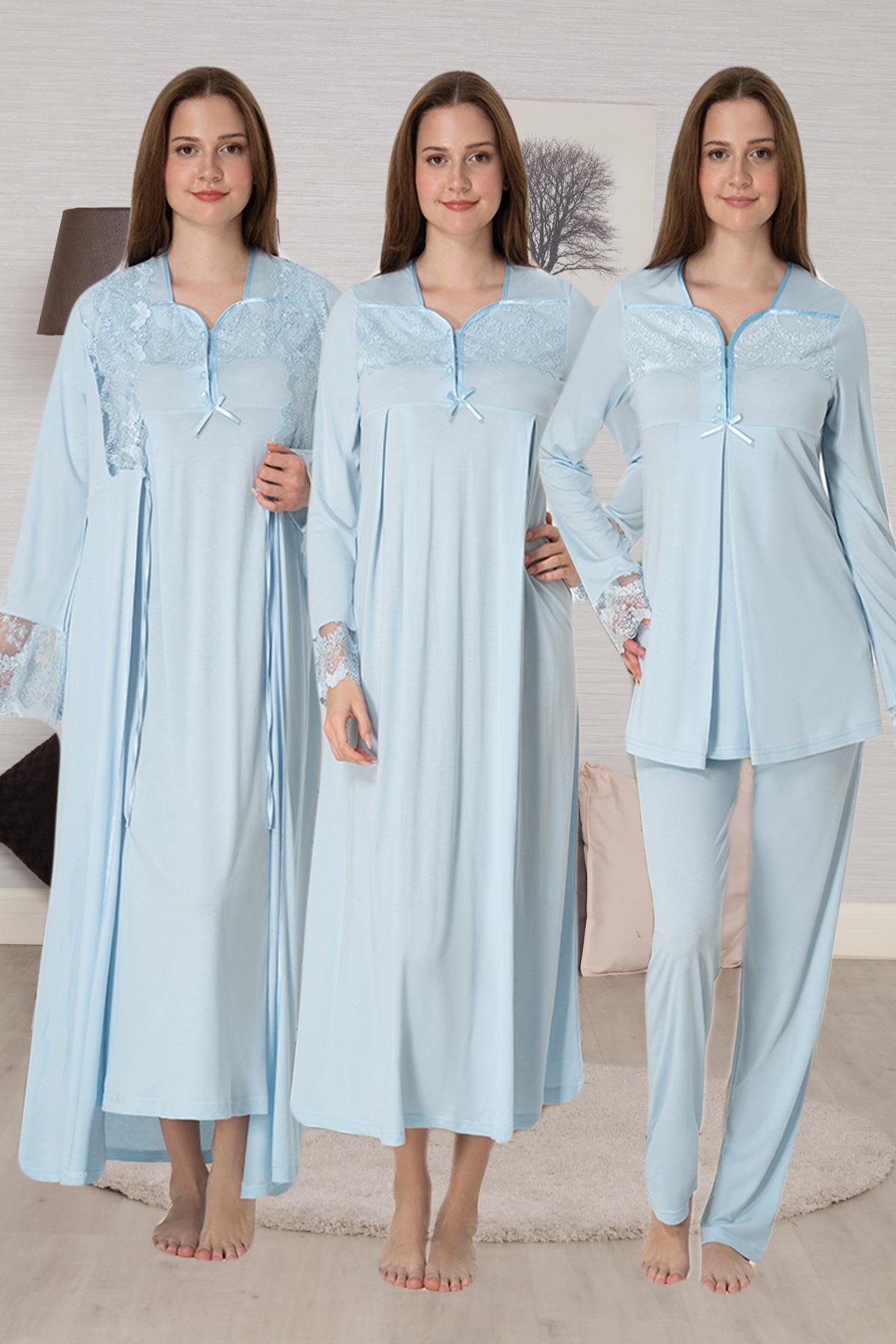 Effortt 4086 Mavi Dantel Detaylı 4lü Hamile Lohusa Seti