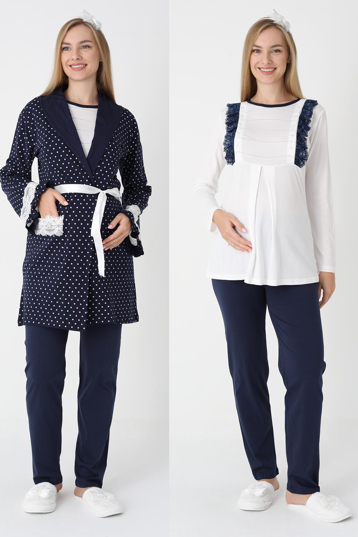 Erdeniz 3451 Lacivert Puanlı Düğmeli Emzirme Özellikli Sabahlıklı Lohusa Pijama Takımı