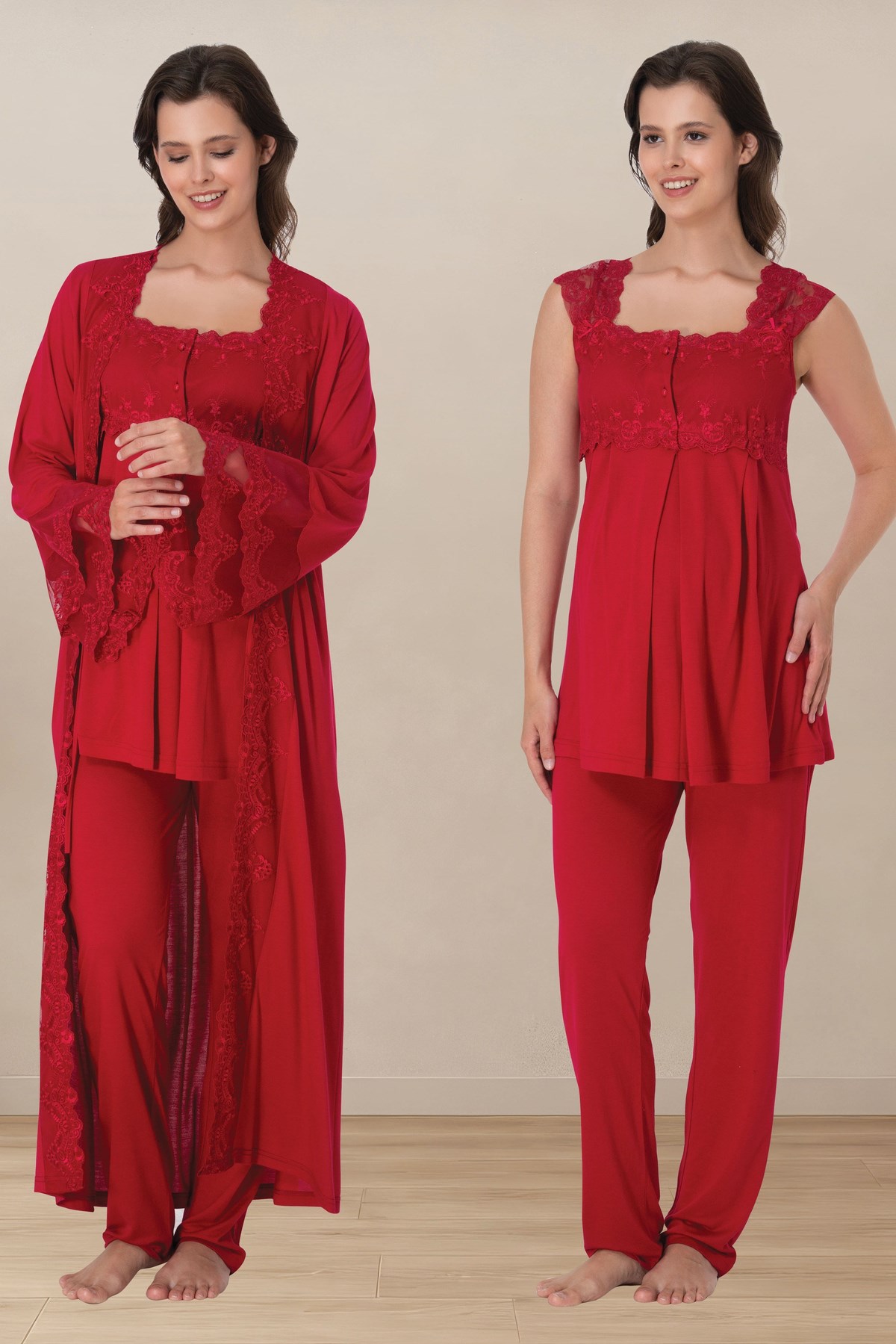 Effortt 4064 Vişne Prenses Dantelli Sabahlıklı Lohusa Pijama Takımı