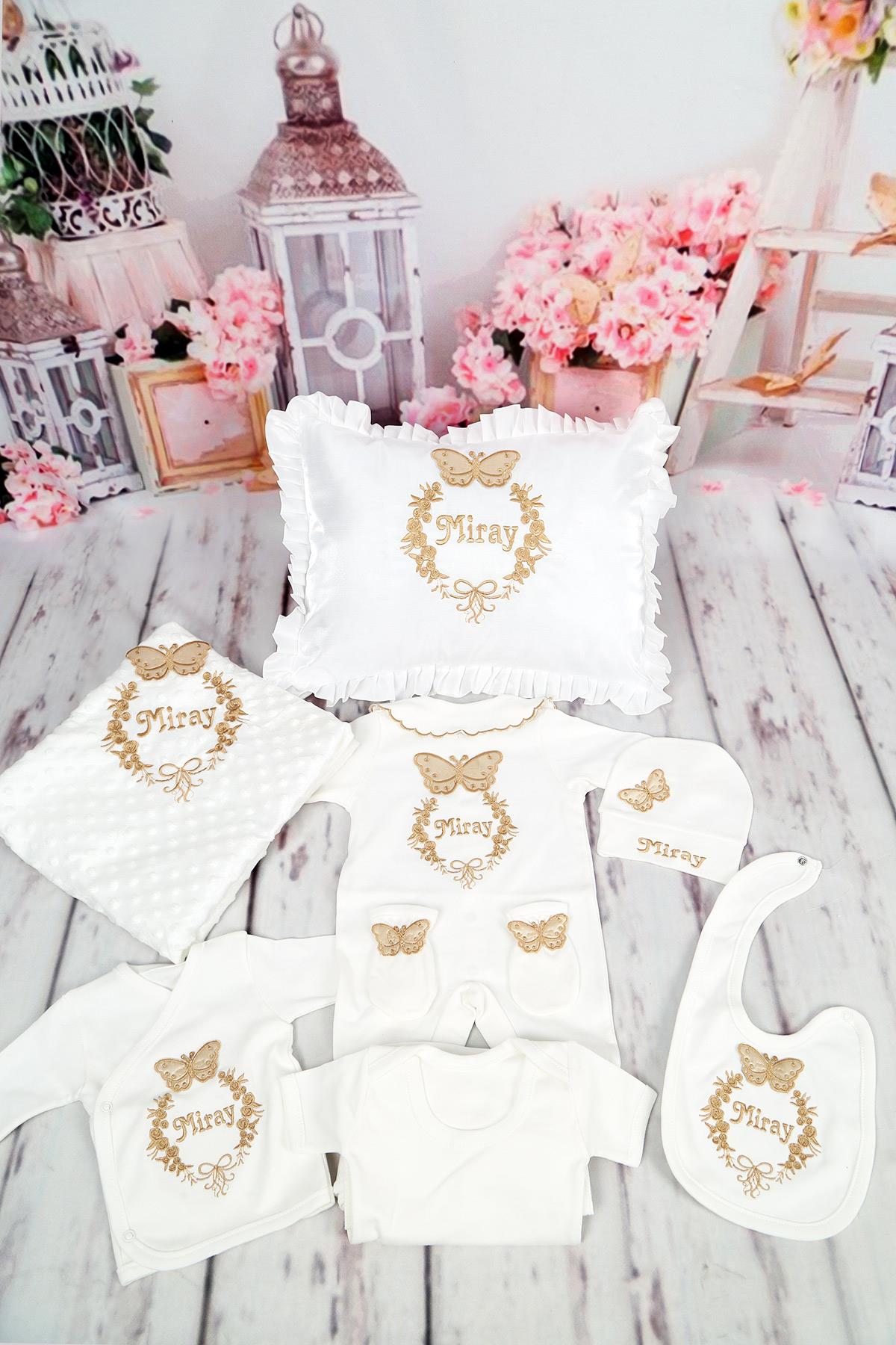 İsme Özel Kelebek Nakışlı FırFır Yastıklı 11li Hastane Çıkış Seti