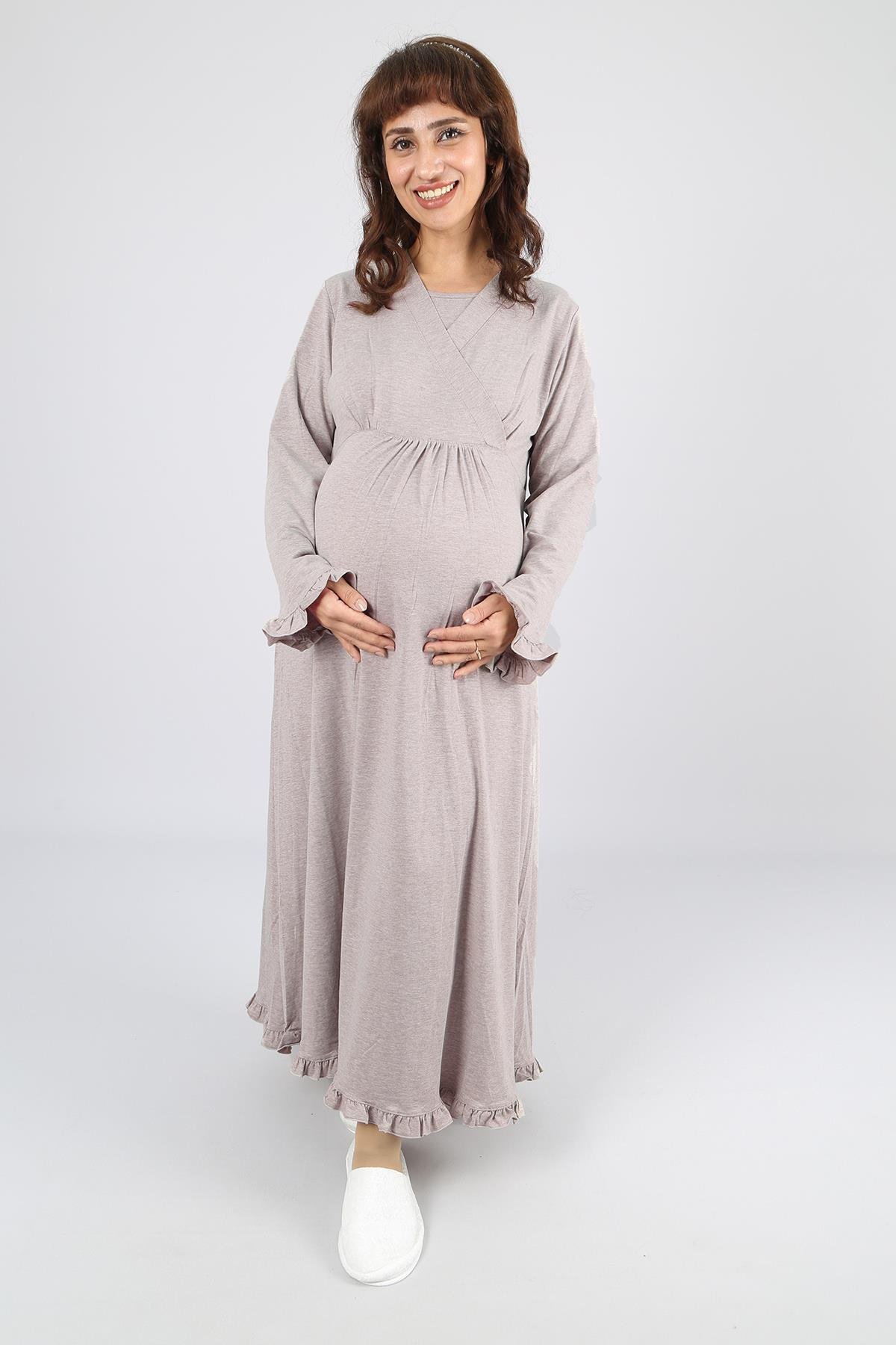 Kolay Emzirme Özellikli Bej Hamile Lohusa Gecelik 40430