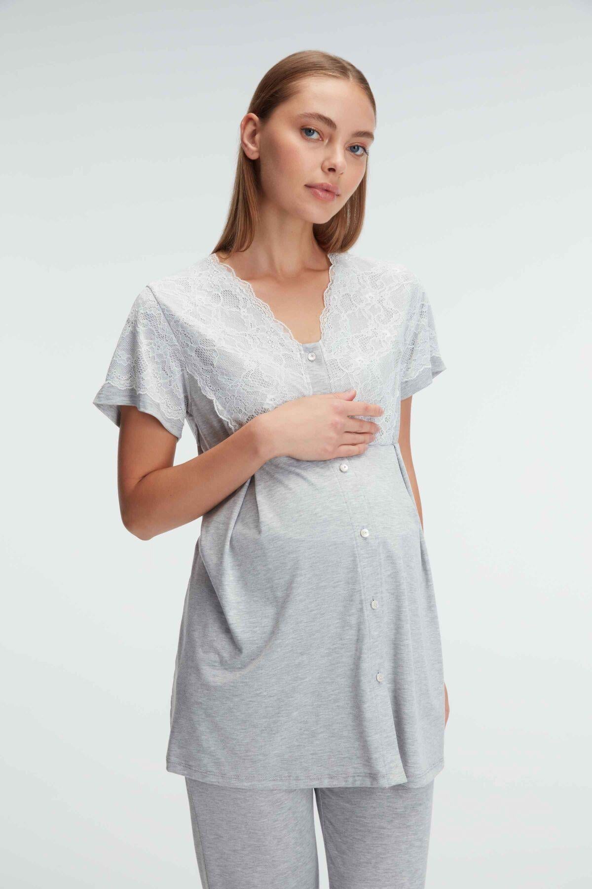 Anıl 11308 Gri V Yaka Örme Dantel Detaylı Lohusa Pijama Takımı