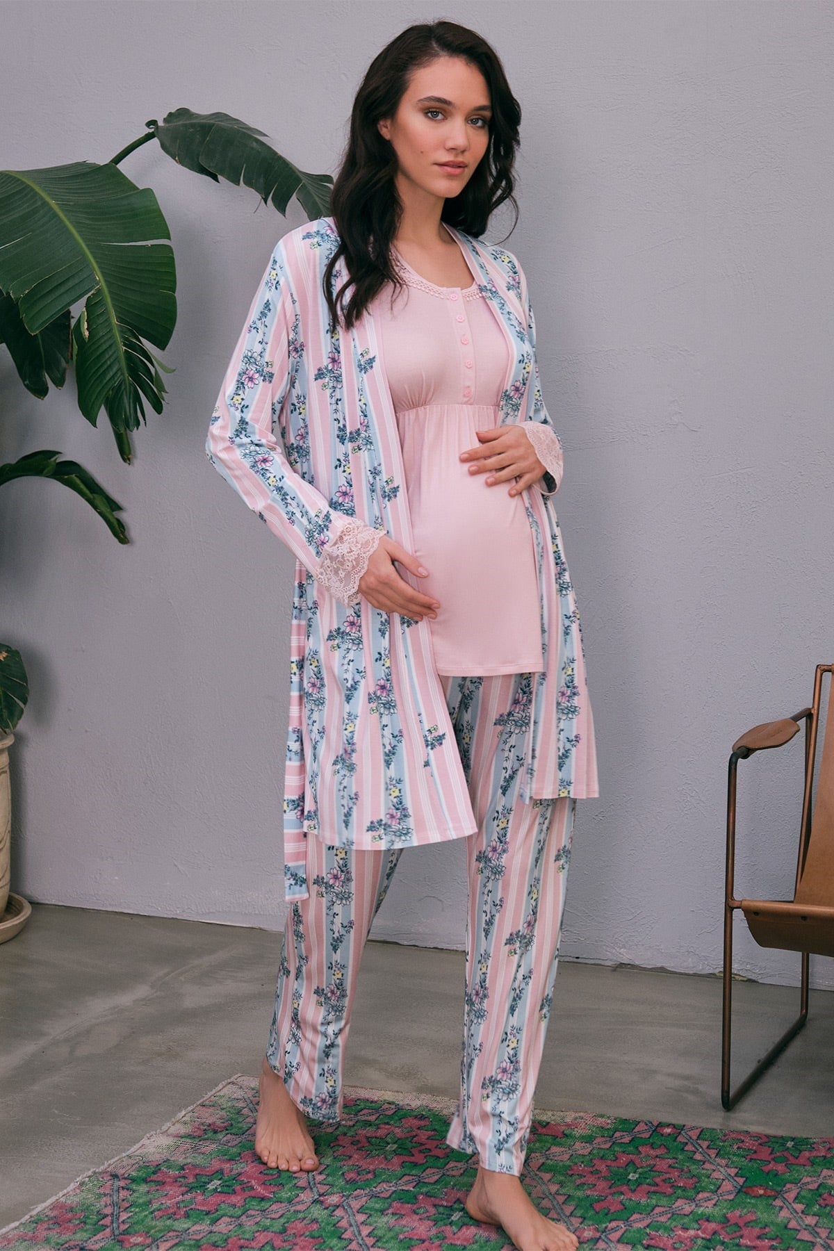 Anıl 5651 Çiçek Desenli Sabahlıklı Lohusa Pijama Takımı