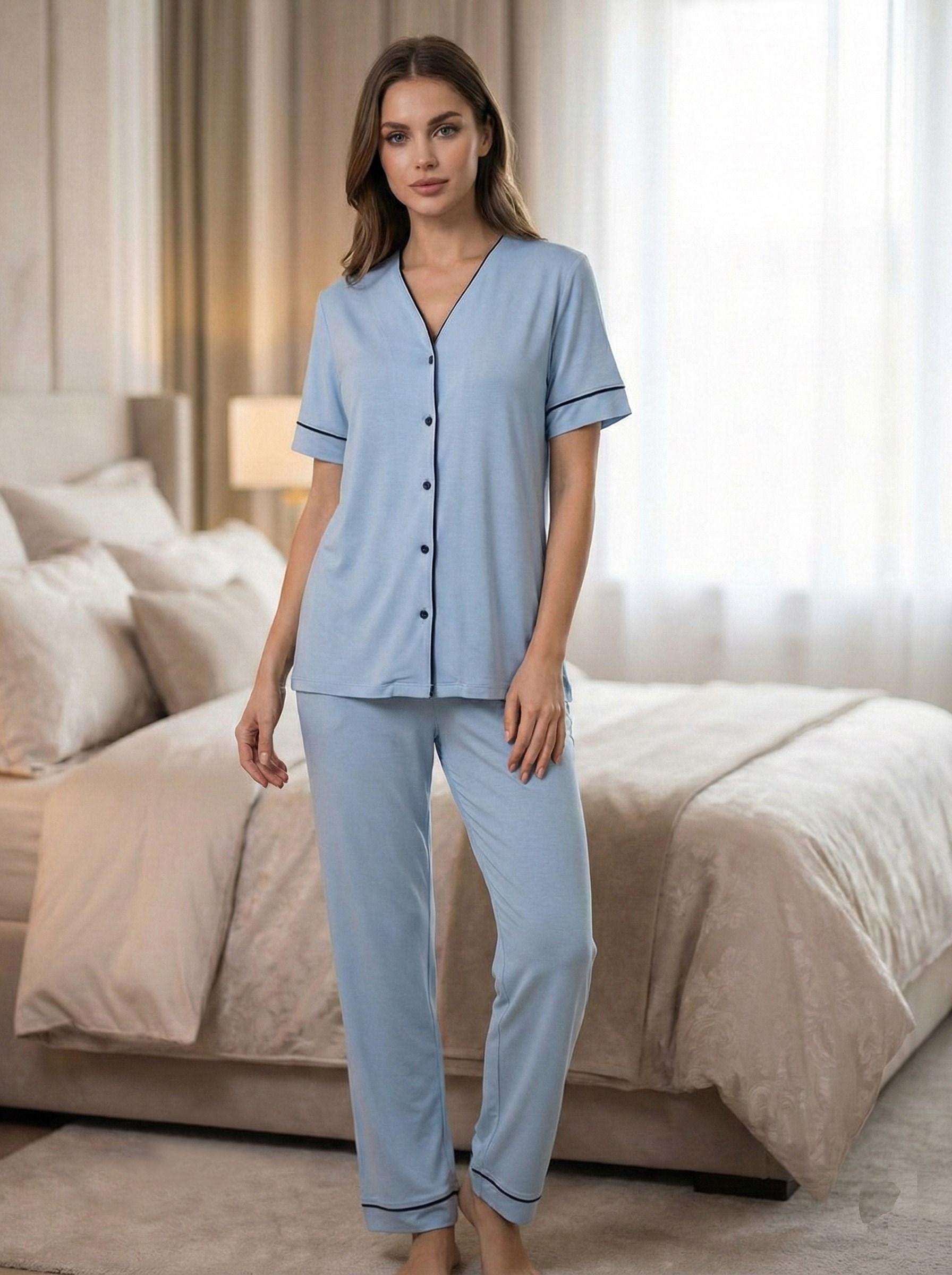 Effortt 3072 Mavi Biye Detaylı Düğmeli Lohusa Pijama Takımı