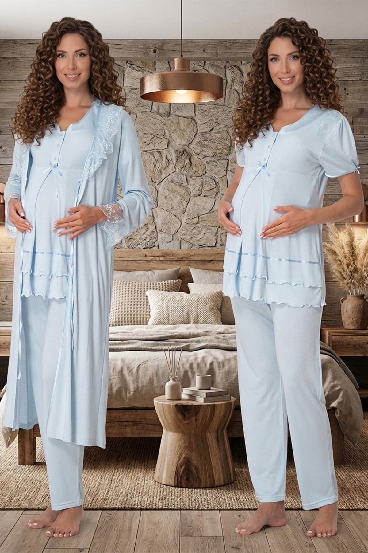 Mavi Dantel Sabahlıklı Lohusa Pijama Takımı 18024