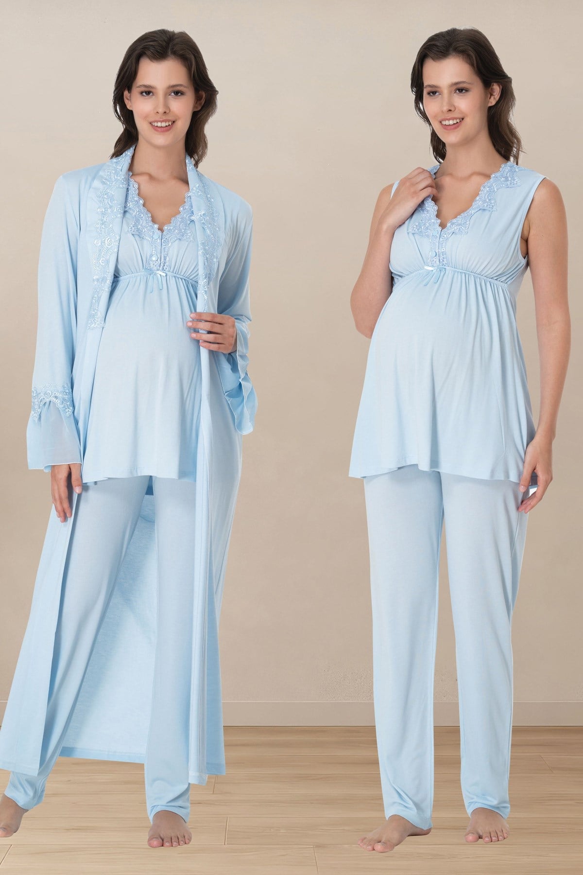 Effortt 5064 Mavi Sıfır Kol Dantelli Sabahlıklı Lohusa Pijama Takımı