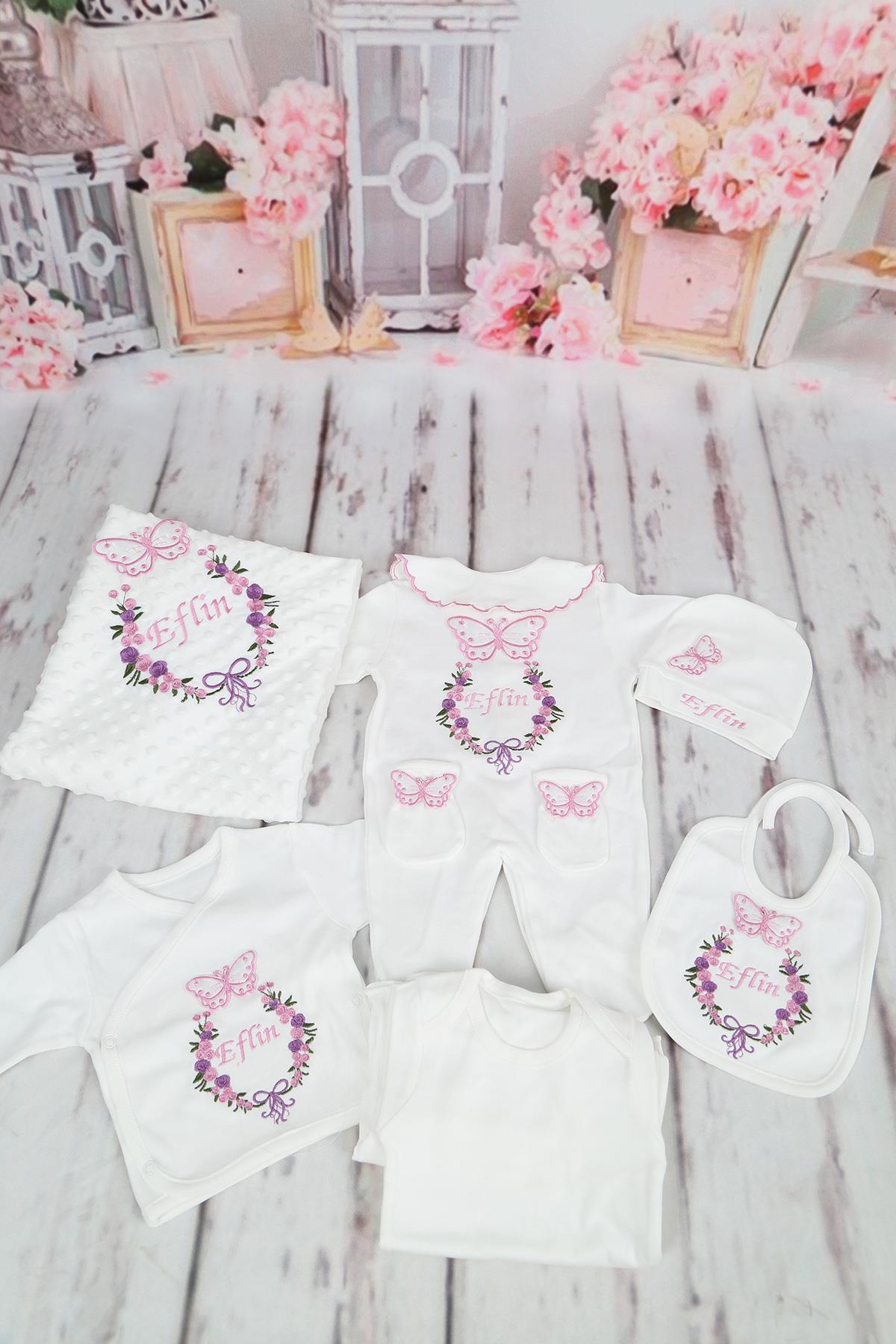 İsme Özel Pembe Kelebek Nakışlı 10lu Hastane Çıkış Set