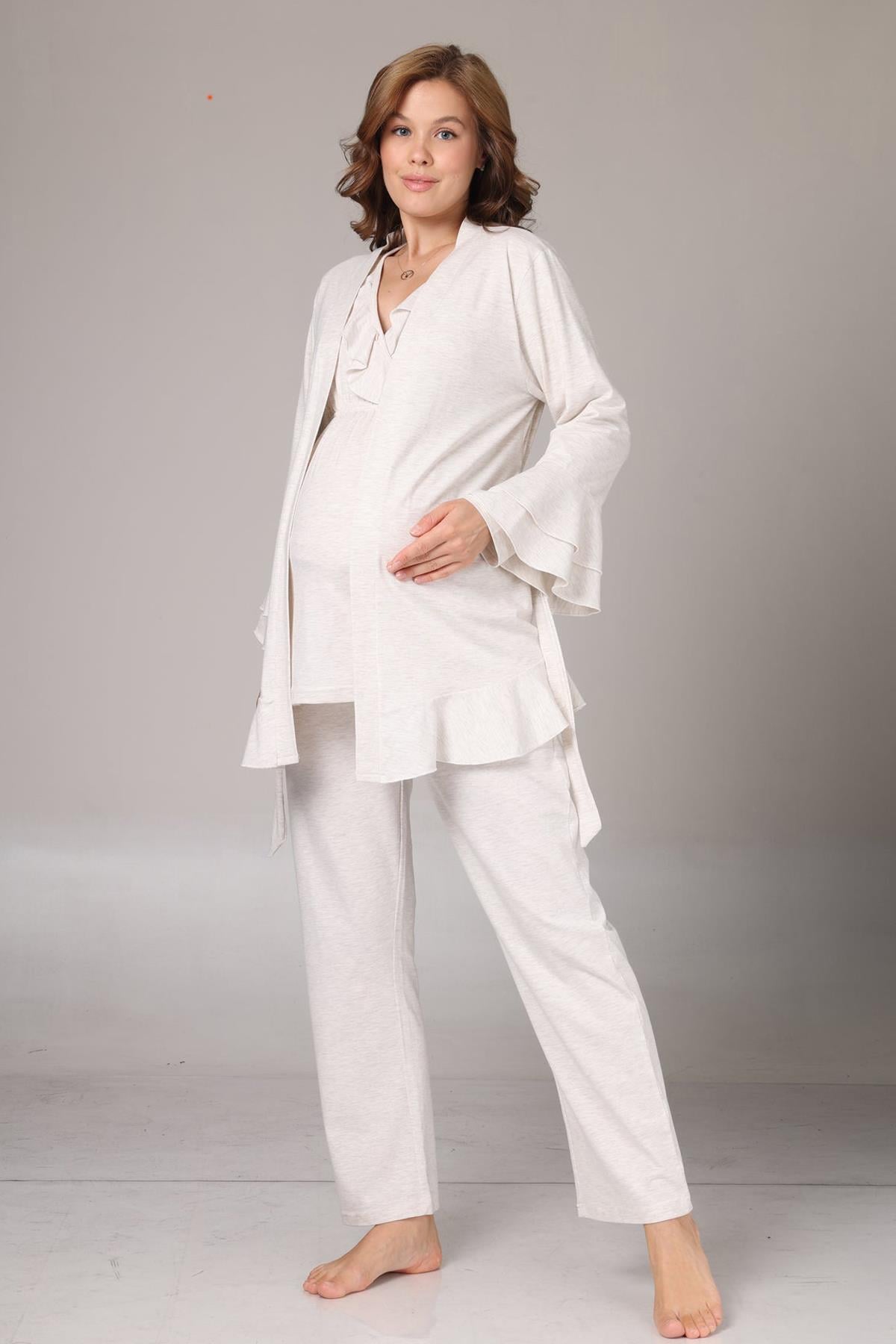 Rimel Life 1011 Bej Uzun Kollu Kruvaze Lohusa Pijama ve Sabahlık Takımı