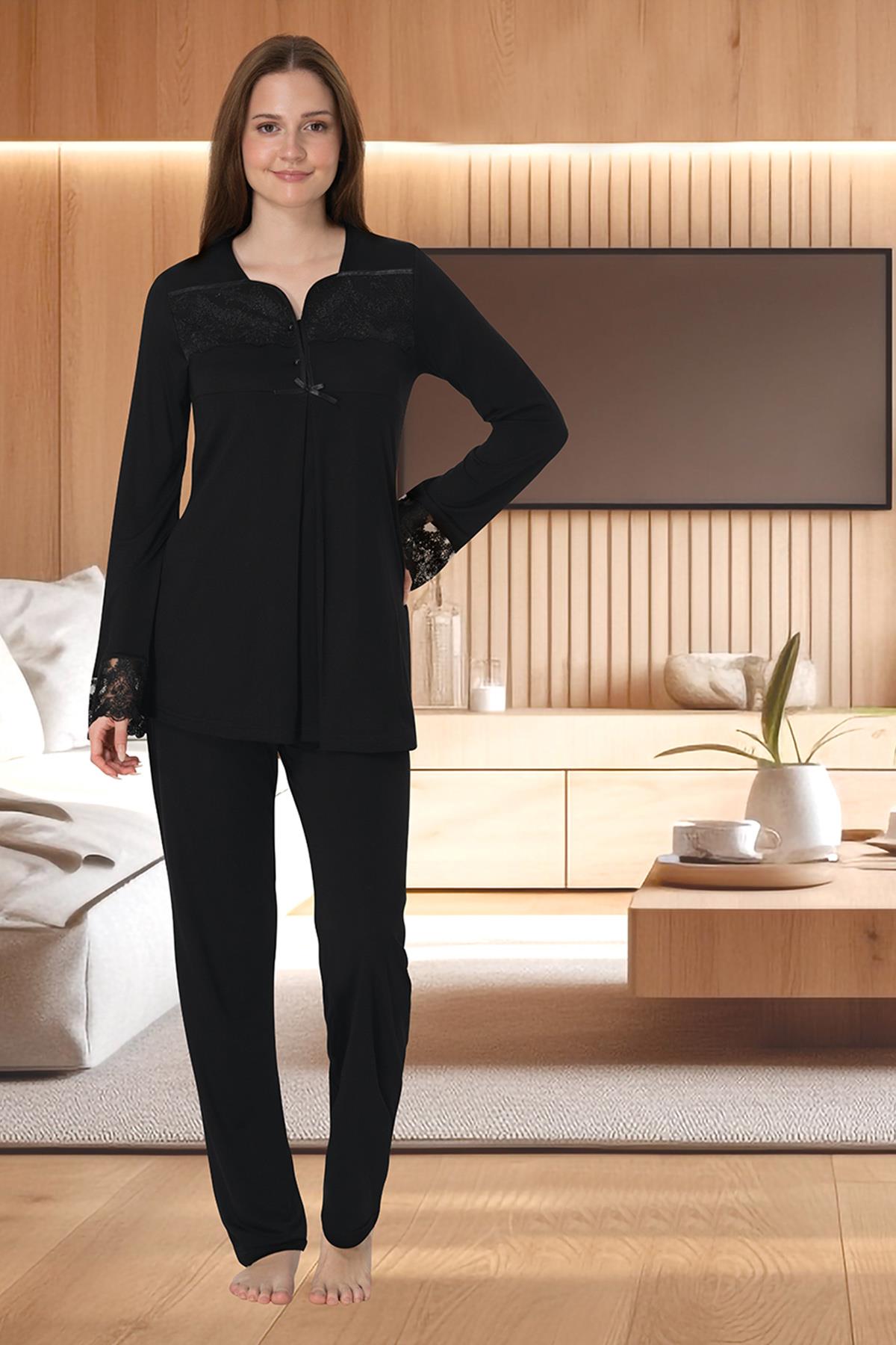 Effortt 4082 Siyah Dantelli Uzun Kol Lohusa Pijama Takımı