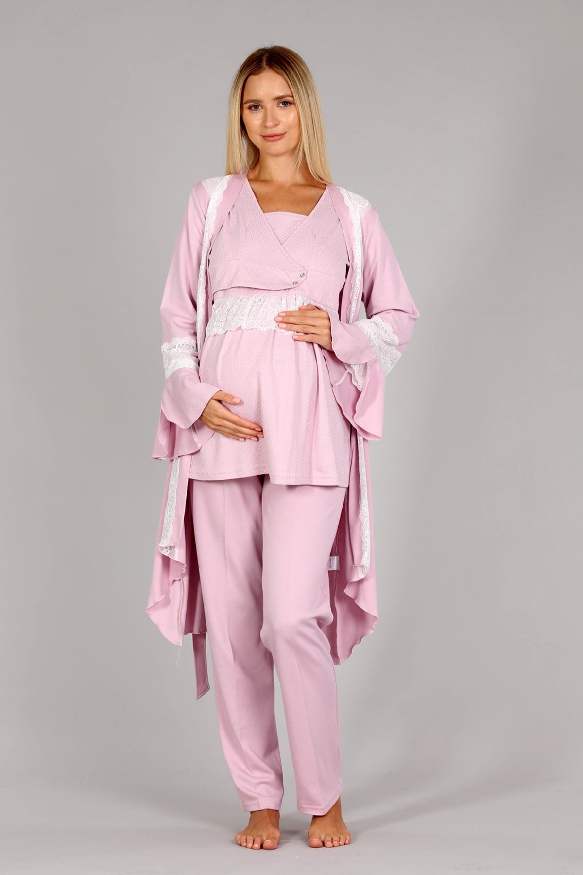 Bone 5315 Pudra Puan Dantel Detaylı Sabahlıklı Hamile Lohusa Pijama Takımı