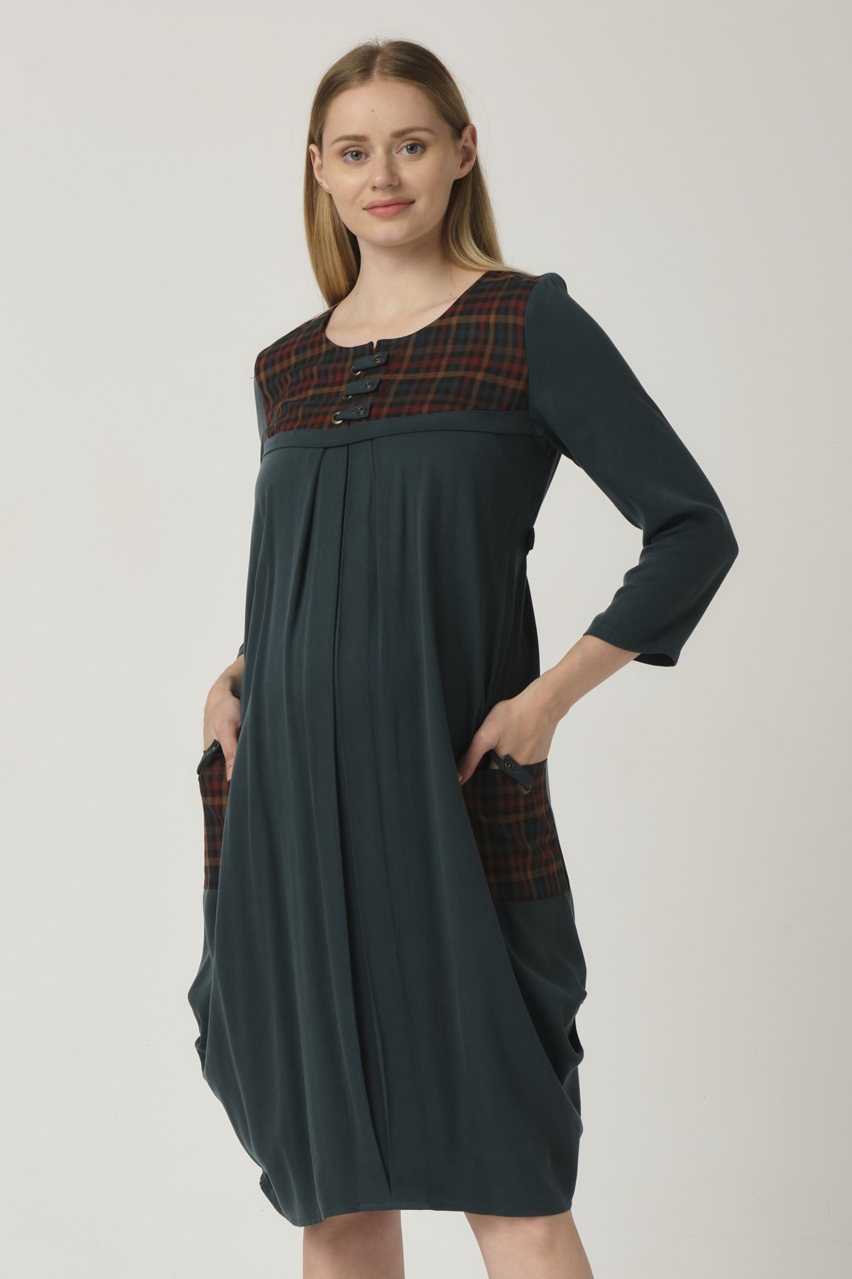 Busa Hamile  Roba Düğmeli Ekose Yaka Pileli Yan Cepli Yeşil