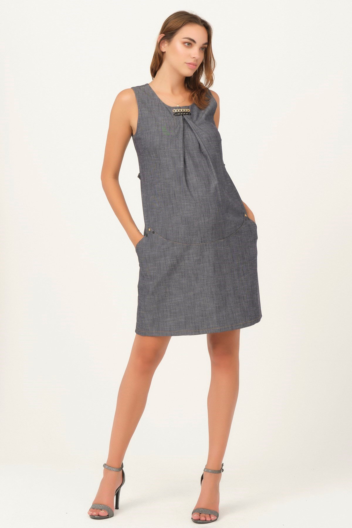 Busa Maternity  Collar Accessory Back Waistted Dress Blue