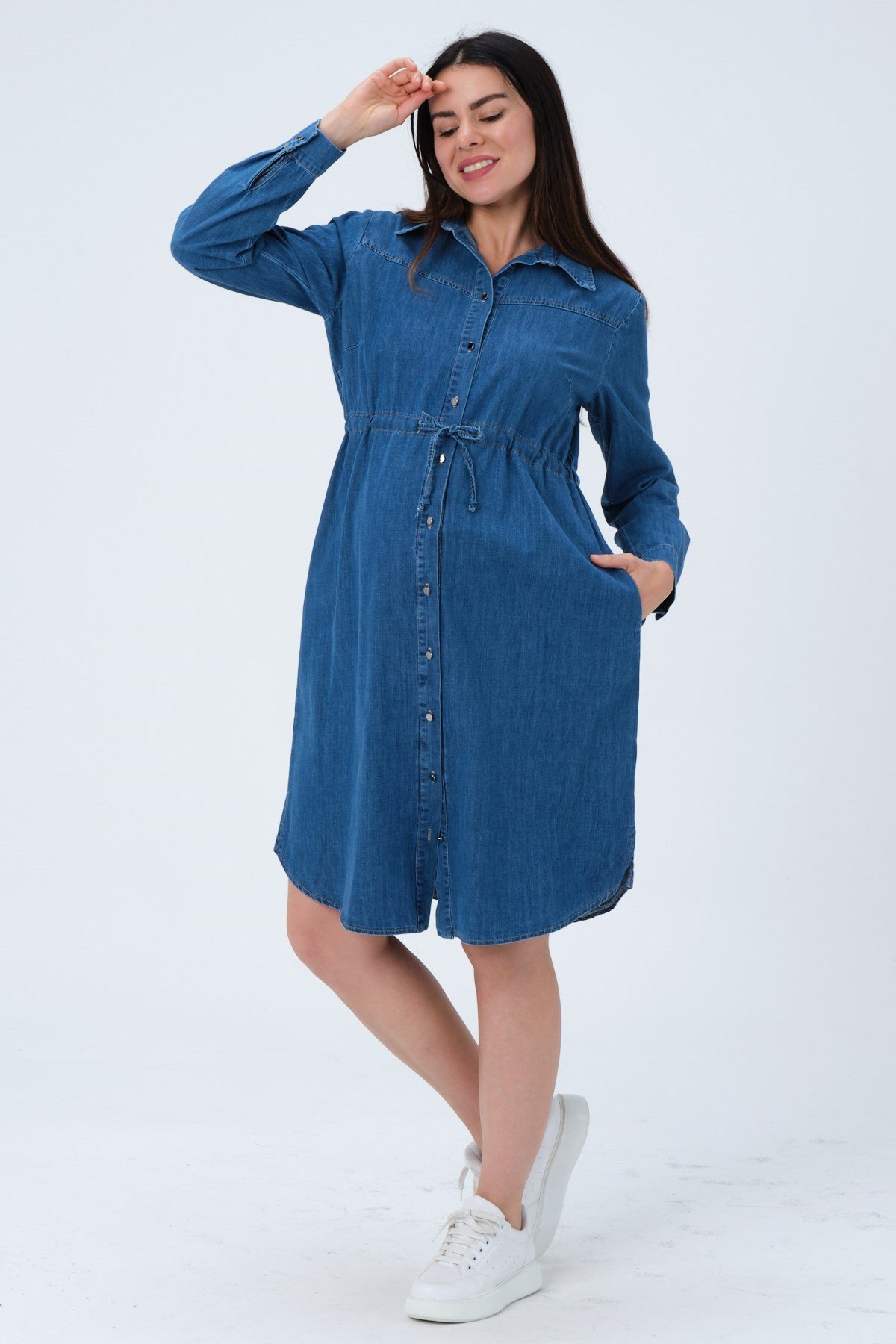 Busa Maternity Adjustable at waist Front Button jeans Dress BLUE