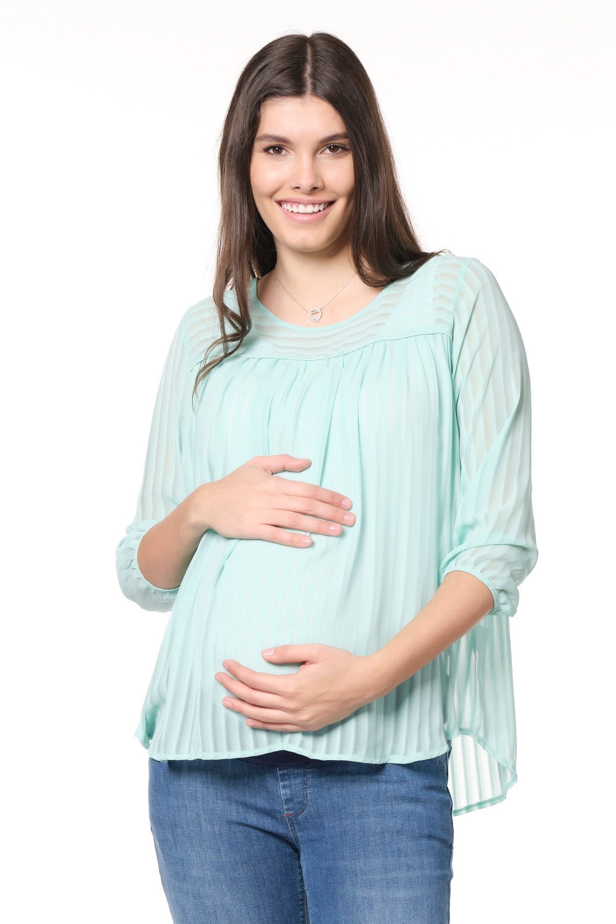 Busa Maternity Blouse Line Strip Patterned Model Green