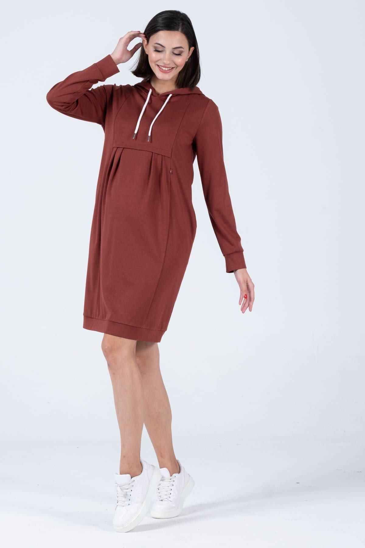 Busa Maternity Steel Knitting Breastfeeding Detailed Hooded Dress Brown