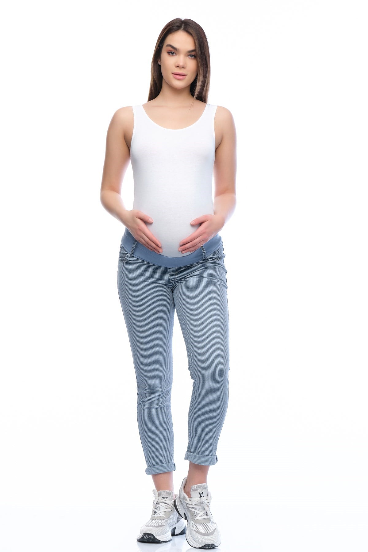 Busa Hamile Çizgili Jean Mom Fit Mavi
