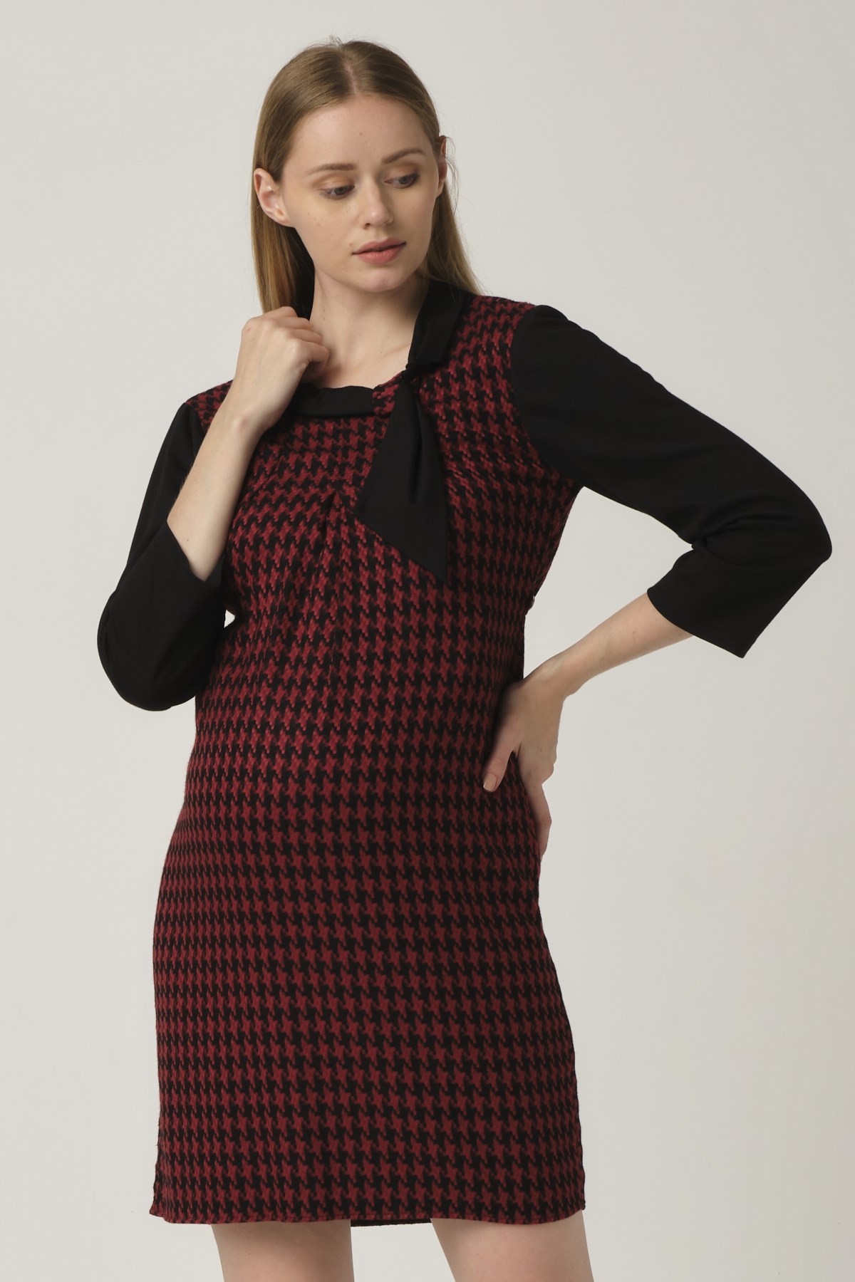 Busa Maternity Patterned Lace-up Mini Dress Burgundy