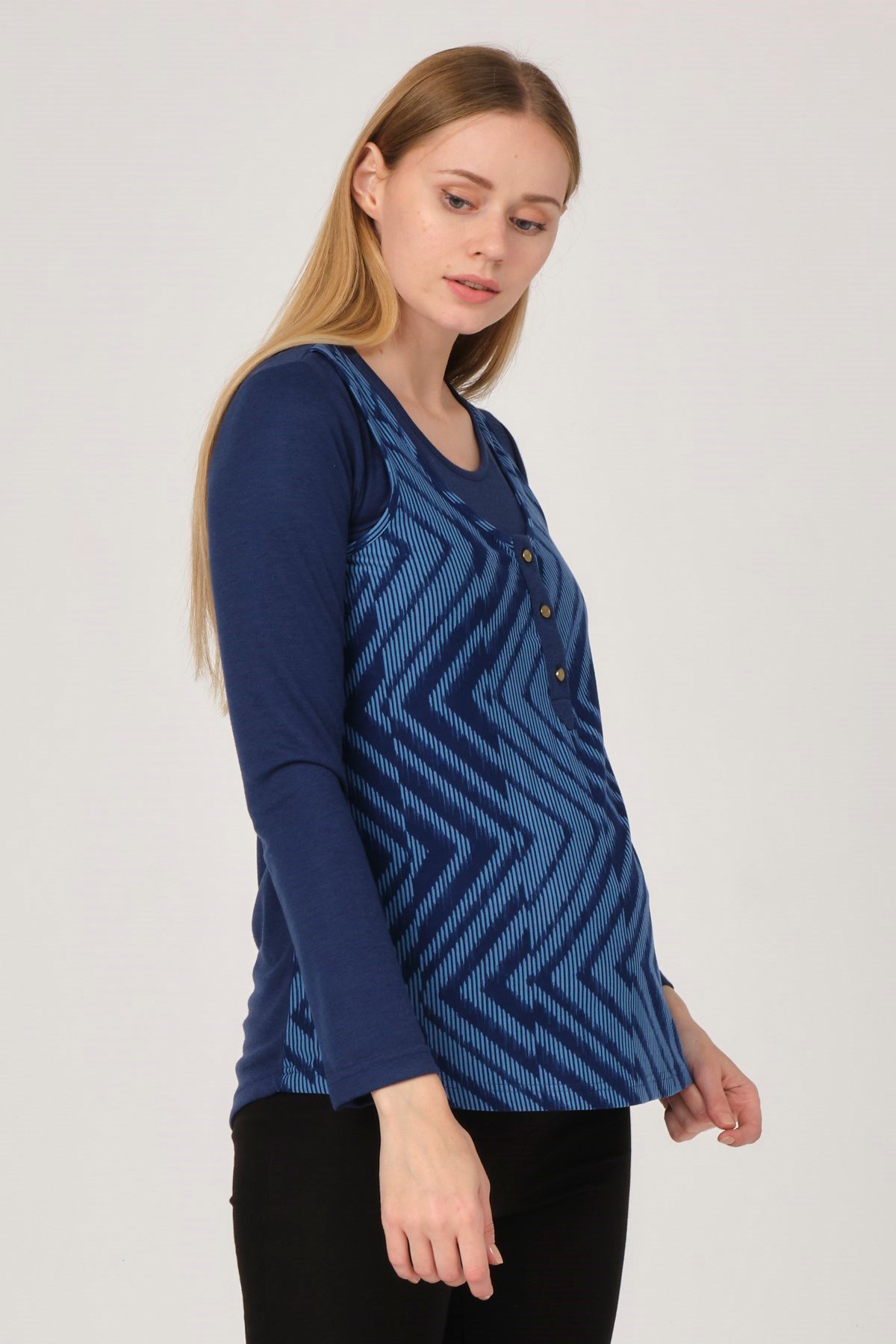 Busa Maternity Patterned Button Accessory Blouse Blue
