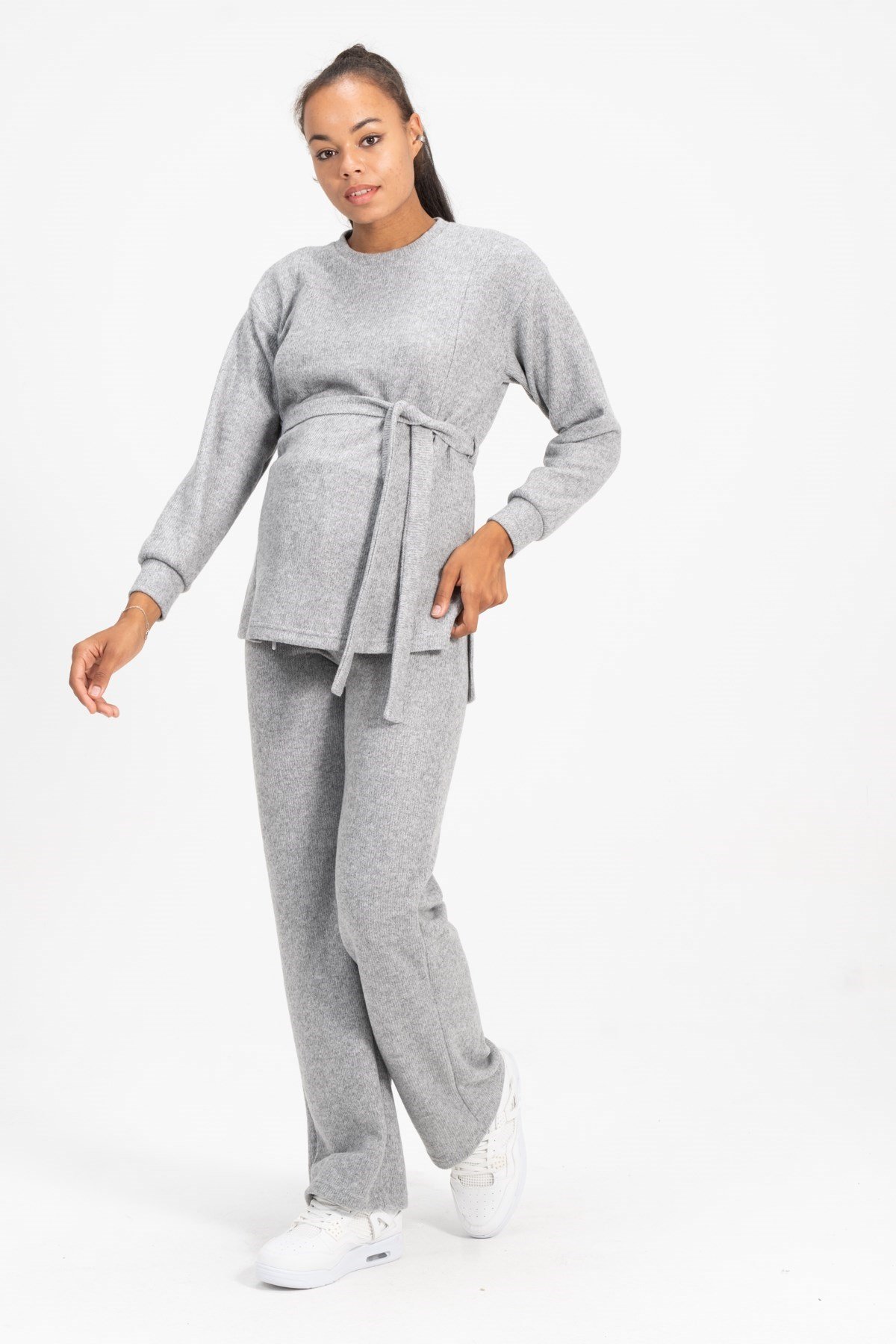 Busa Maternity Breastfeeding Detailed High Waist Wide Trotter Knitwear Suit Gray
