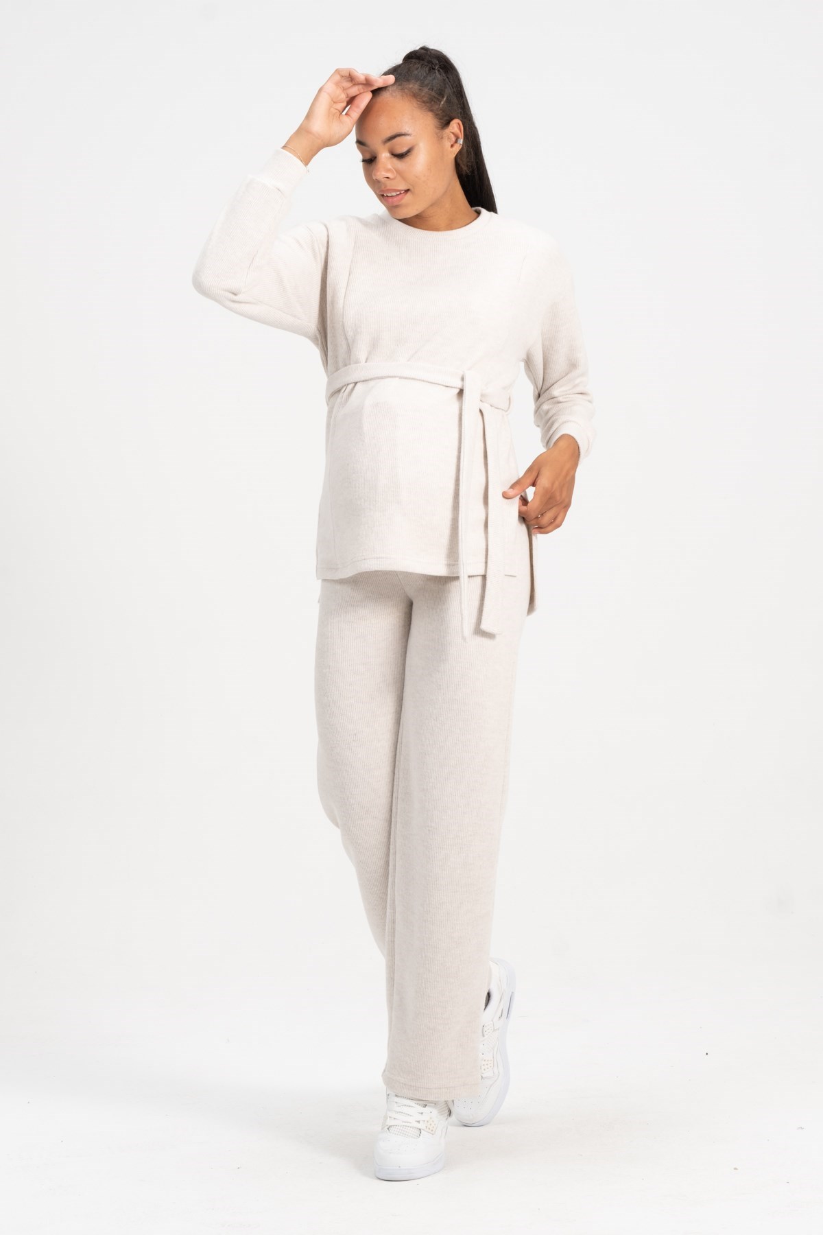 Busa Maternity Breastfeeding Detailed High Waist Wide Trotter Knitwear Suit Cream