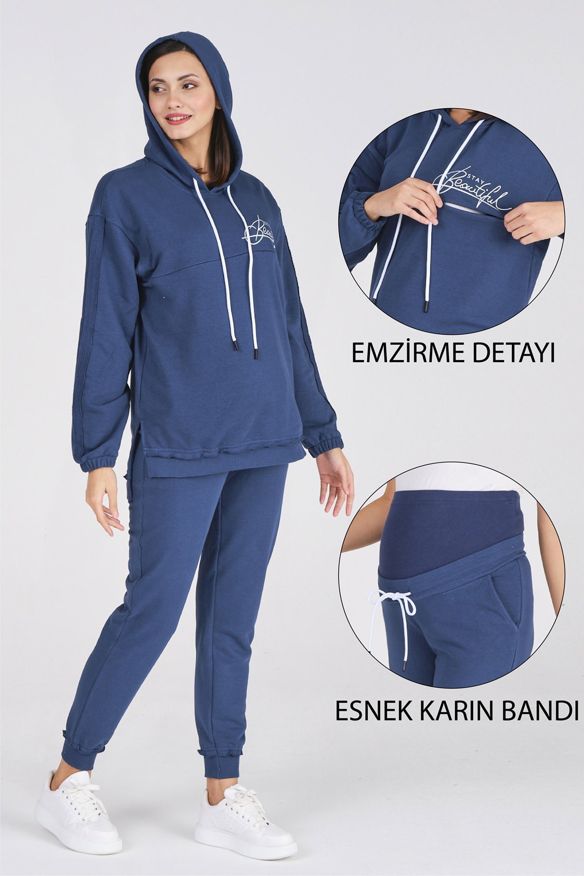 Busa Hamile Emzirme Detaylı Baskılı Eşofman Takımı İndigo