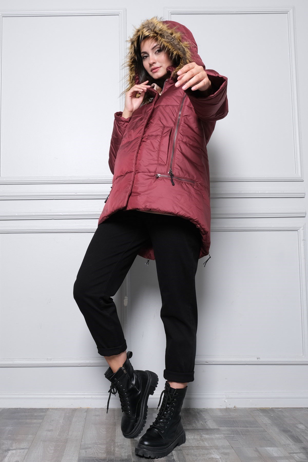 Busa Maternity Zipper Detailed Inflatable Maternity Jacket Claret Red