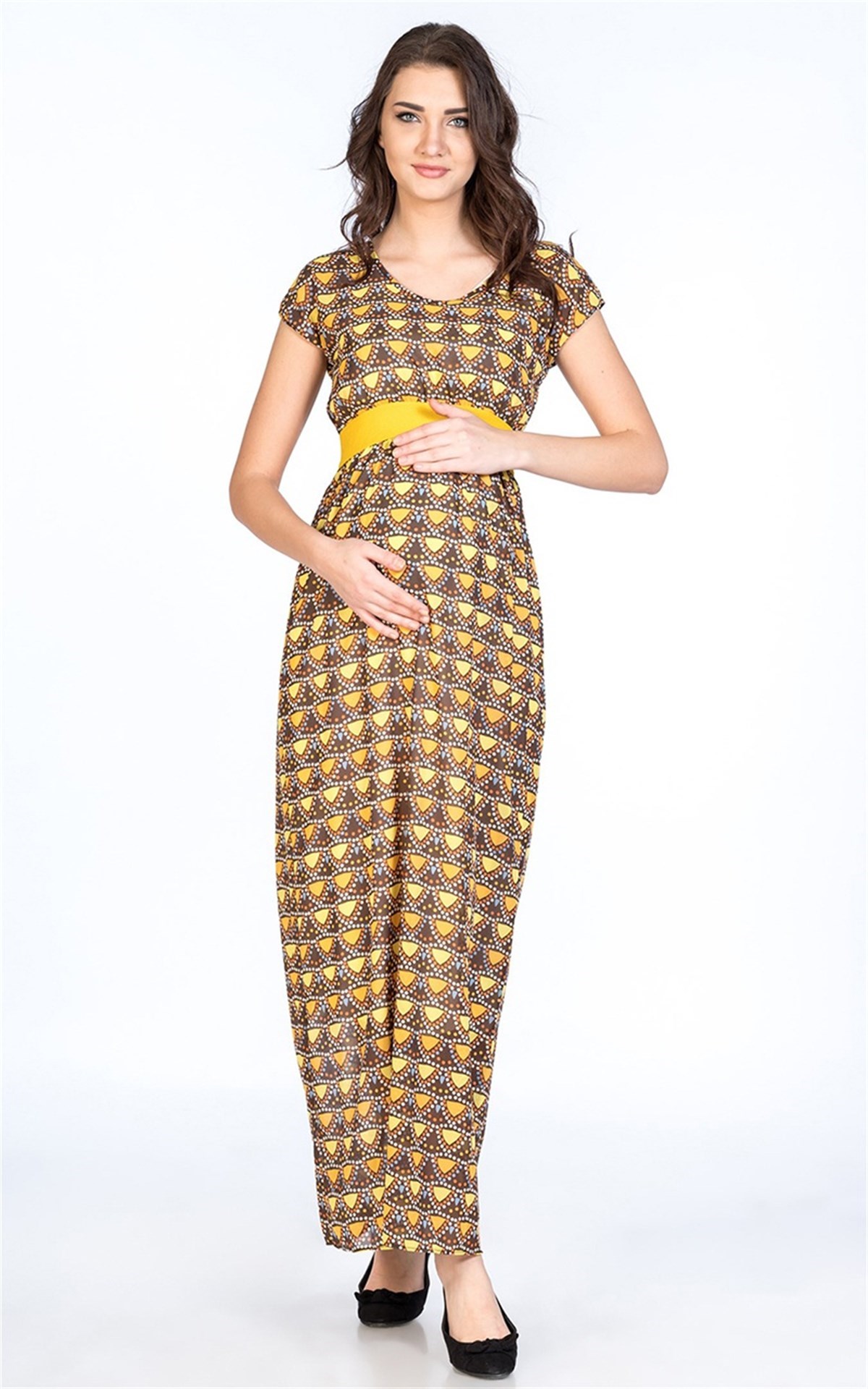 Busa Maternity Casual Dress Patterned Waistted Yellow
