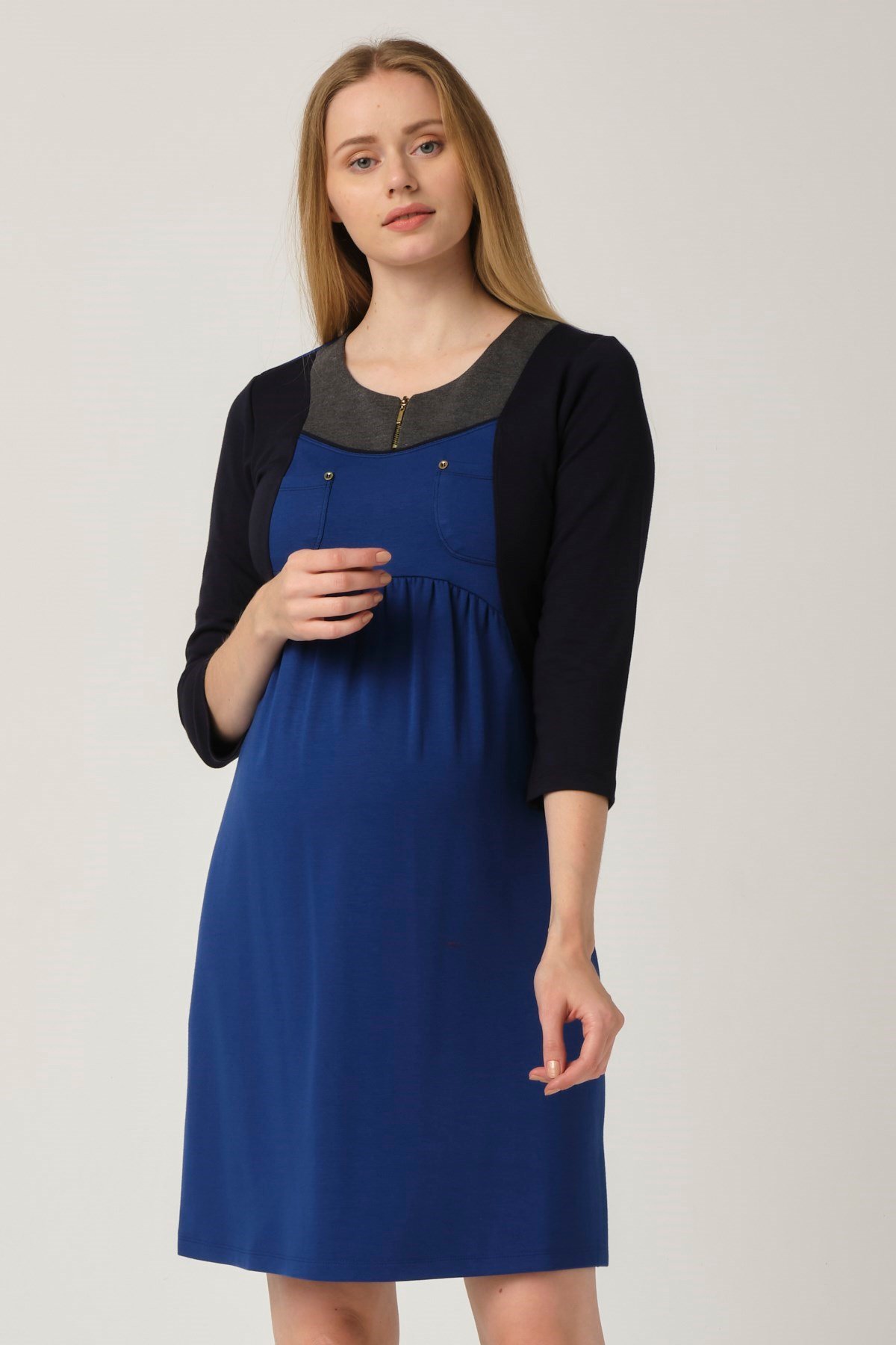 Busa Hamile Günlük Elbise Fermuar Yaka Saks