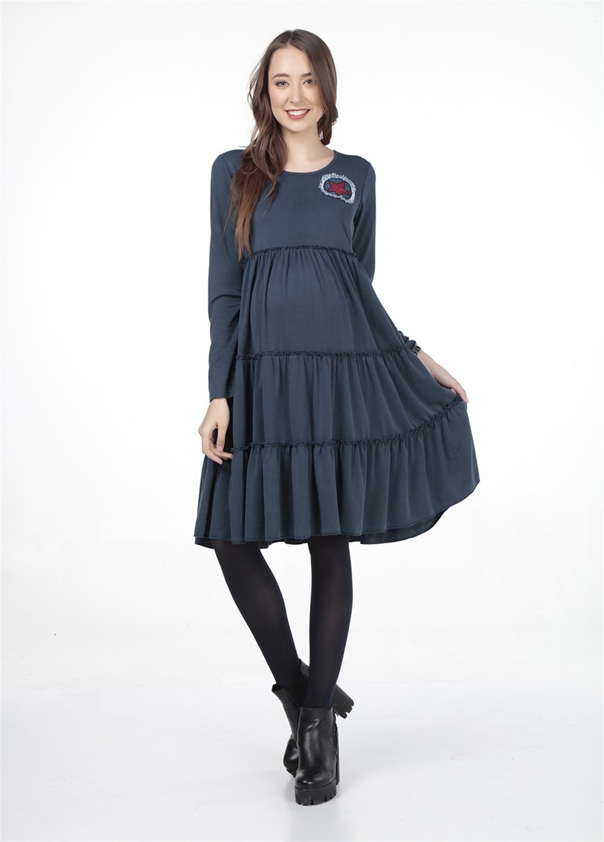 Busa Hamile Günlük Fırfır Etekli Elbise Mavi