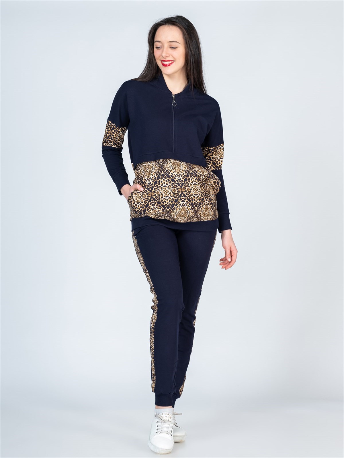 Busa Hamile Leopar Detaylı Eşofman Takım Lacivert