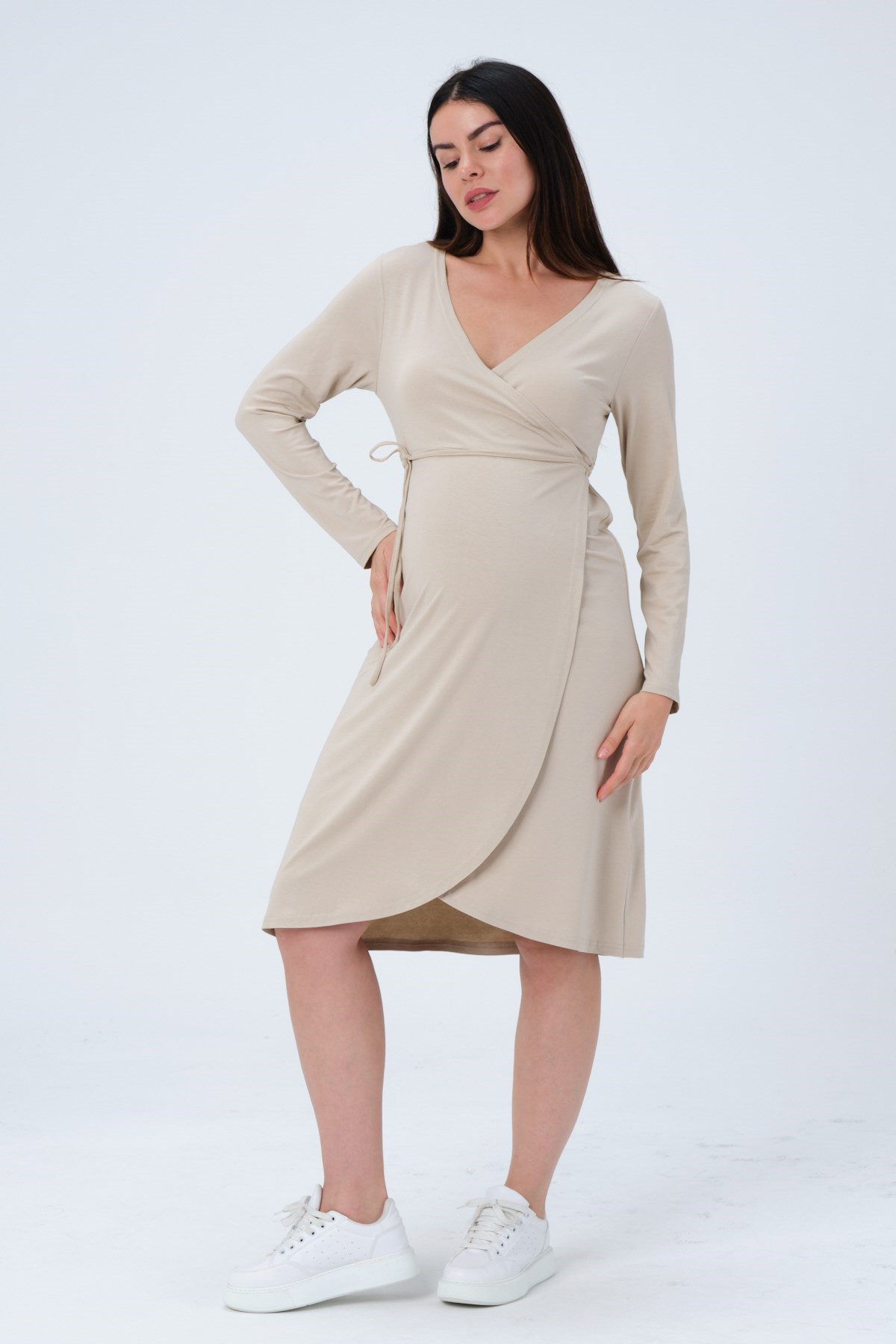 Busa Hamile Önden Bağcıklı Kolay Giyilebilir Uzun Kollu Penye Elbise Bej