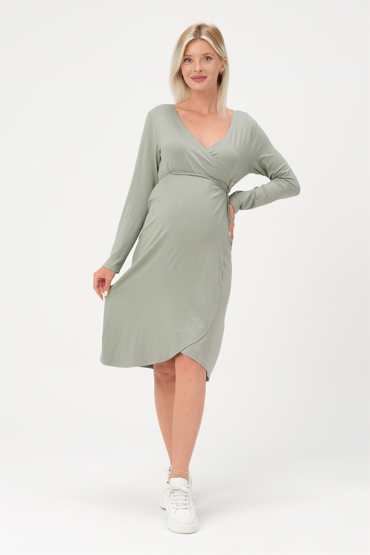 Busa Hamile Önden Bağcıklı Kolay Giyilebilir Uzun Kollu Penye Elbise Çağla