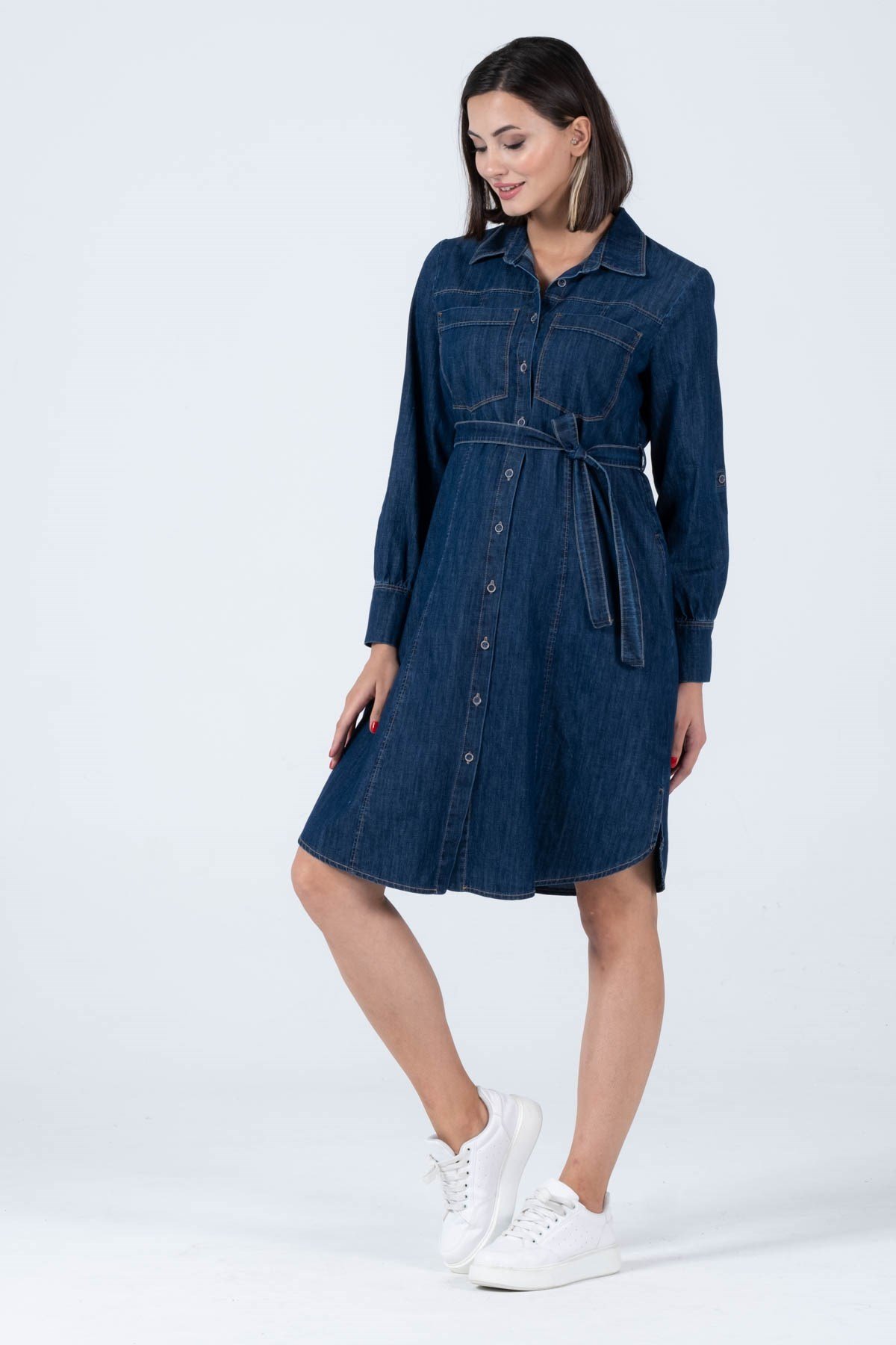 Busa Maternity Front with pockets Waist Belted jeans Dress Navy BLUE